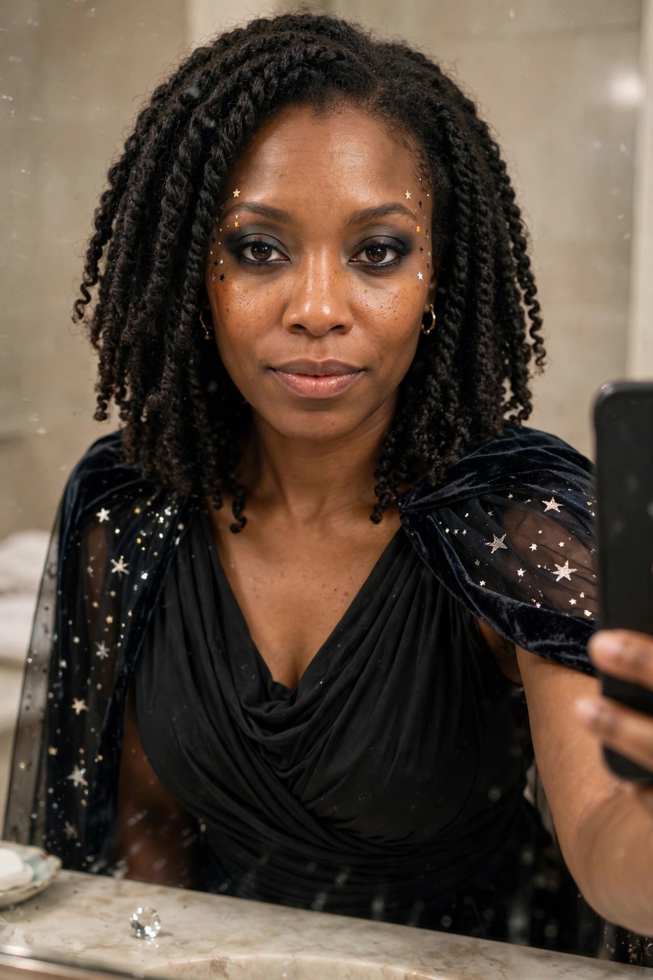 Woman wearing a black velvet draped top with sheer star patterned sleeves and matching star face jewels for a celestial goddess Halloween costume.
