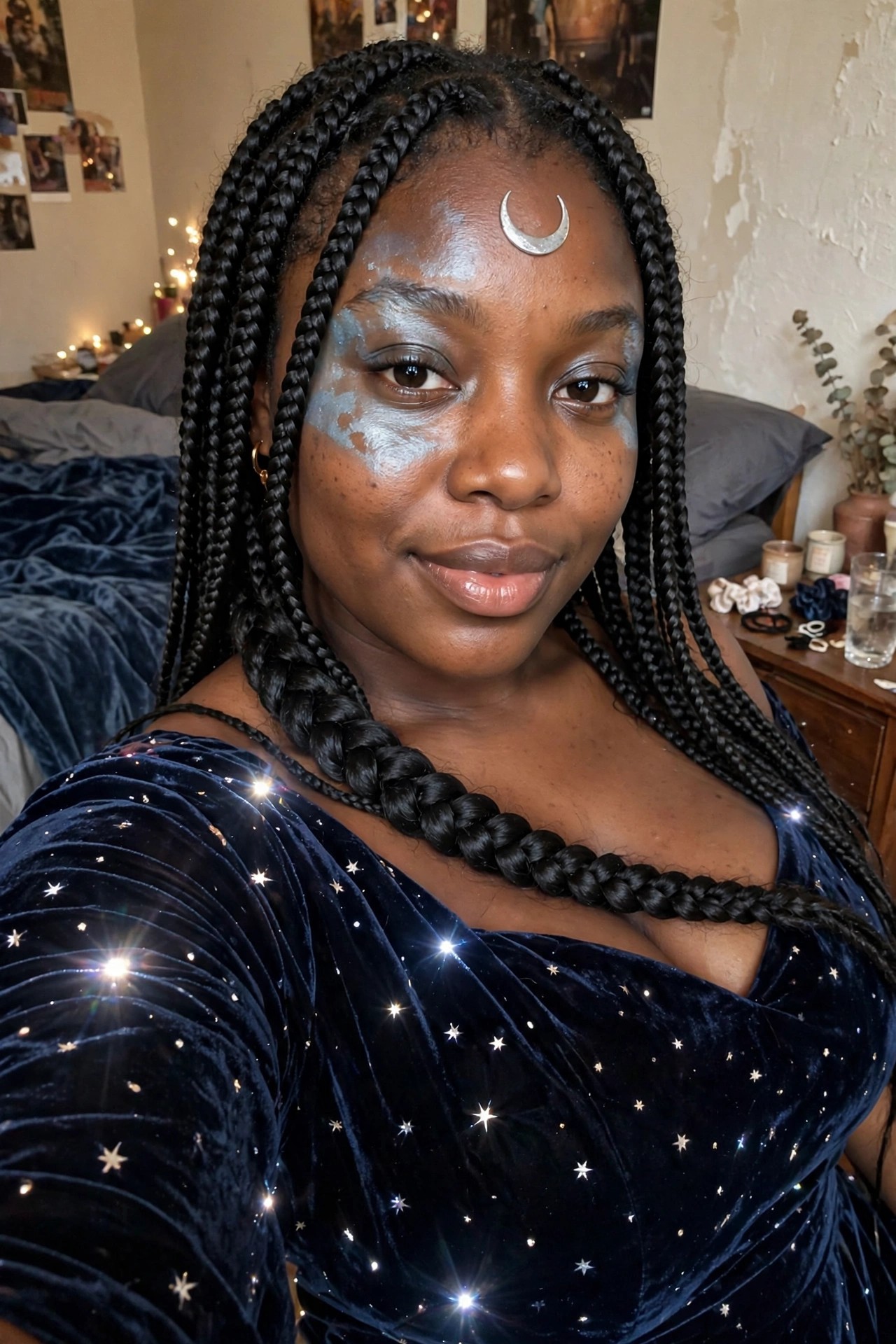 Woman wearing a blue velvet off-shoulder dress with white stars, long black box braids, and a silver crescent moon forehead piece with matching blue face accents.