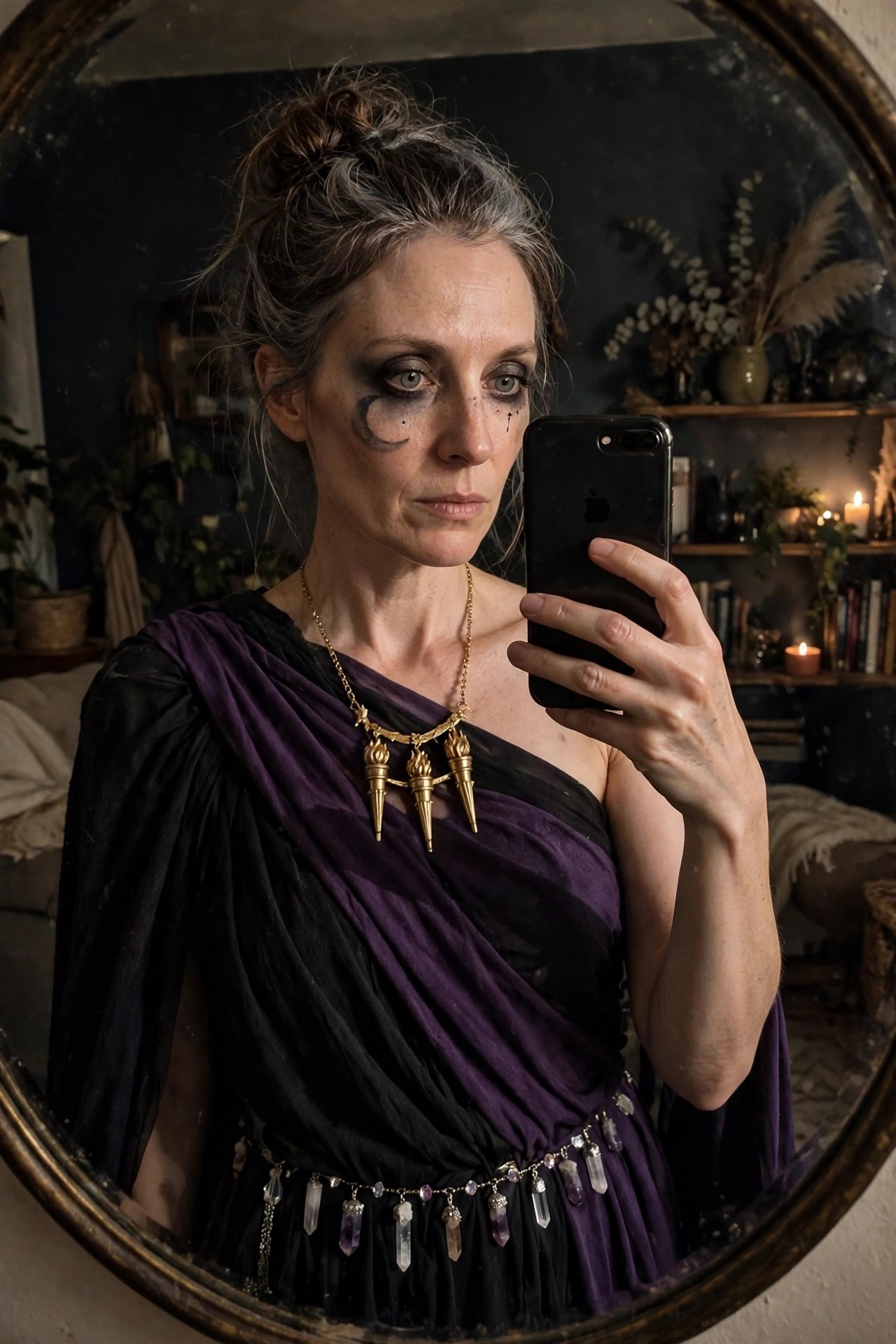 Woman wearing a purple and black draped toga style gown with a gold necklace featuring three pointed pendants and a crystal belt while taking a mirror selfie.