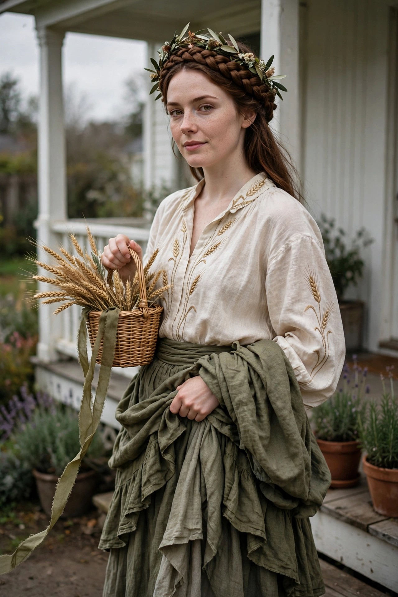 Woman wearing a Demeter Greek goddess costume with wheat crown, embroidered wheat blouse, layered green skirt, and basket of wheat stalks.