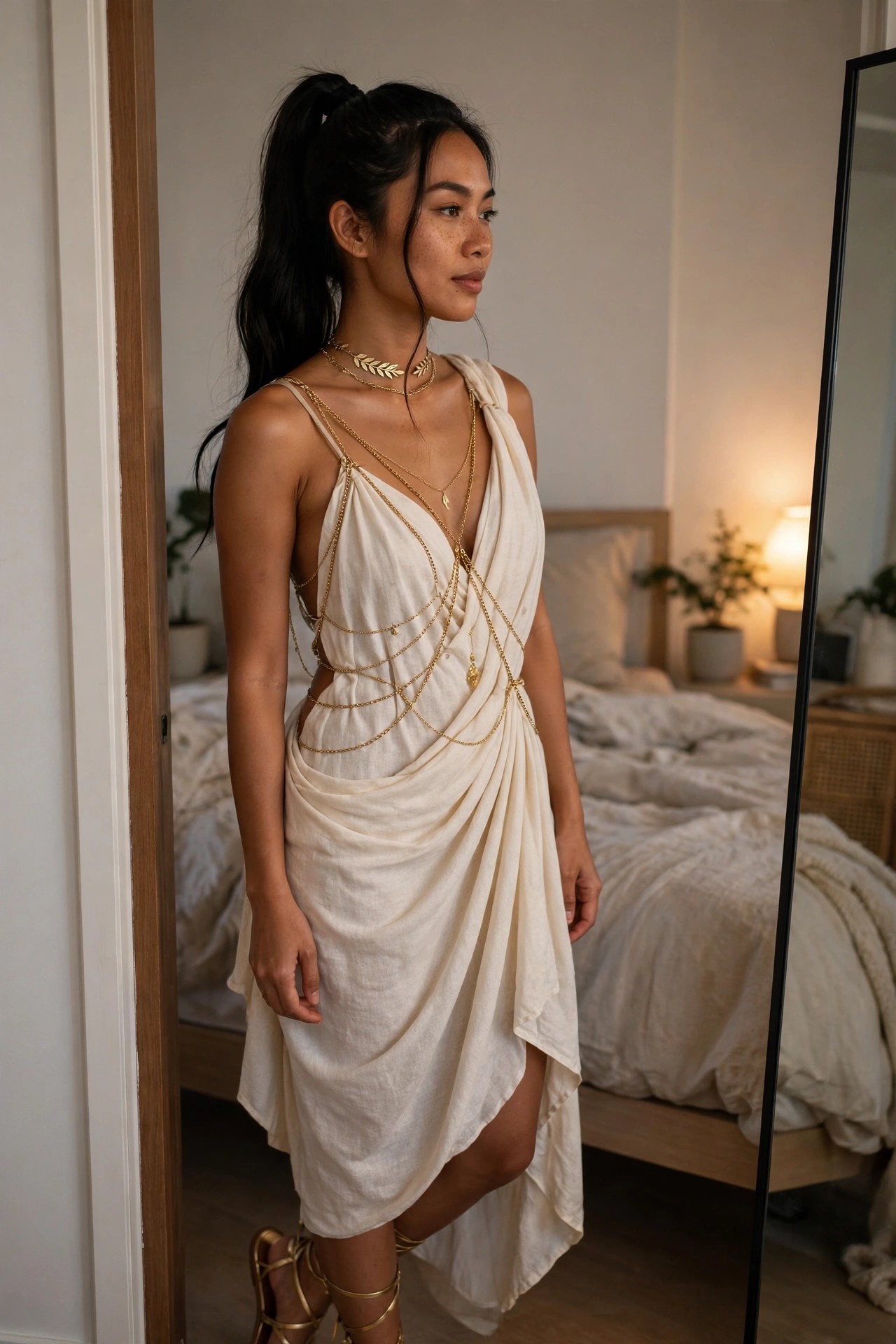 Woman wearing a draped off-white goddess costume with multiple layered gold body chains across the torso and chest.