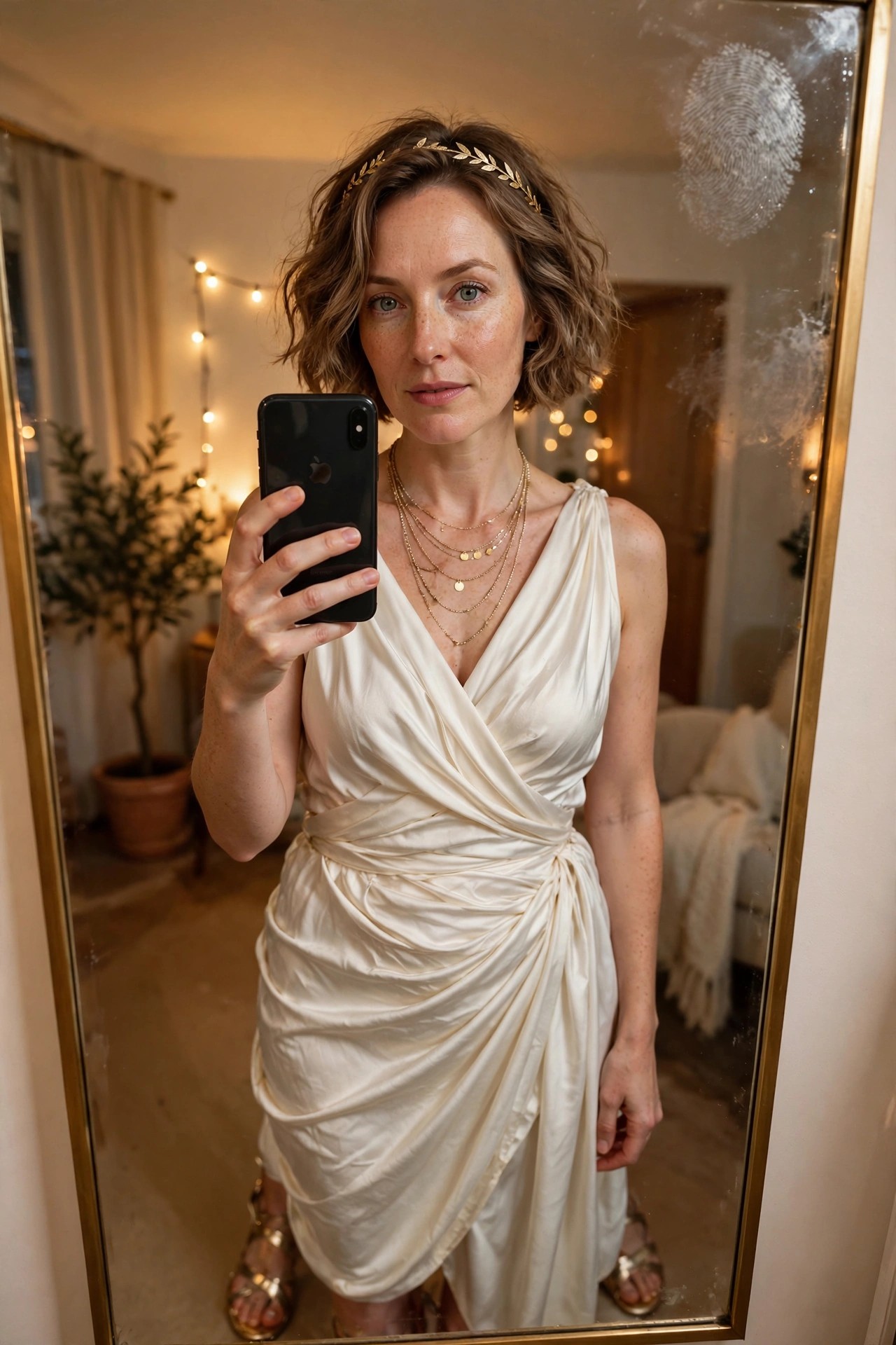 Woman wearing a cream draped wrap dress, gold leaf headband, and layered gold necklaces as a Greek goddess costume.