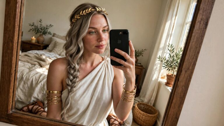 Woman wearing a white one-shoulder draped Greek goddess costume with gold leaf headband and stacked gold arm cuffs.