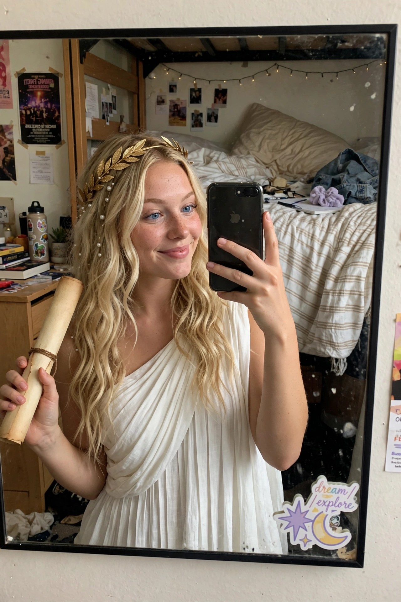 Woman wearing a white draped toga style dress and golden laurel leaf headband while holding a scroll for a Greek goddess costume.