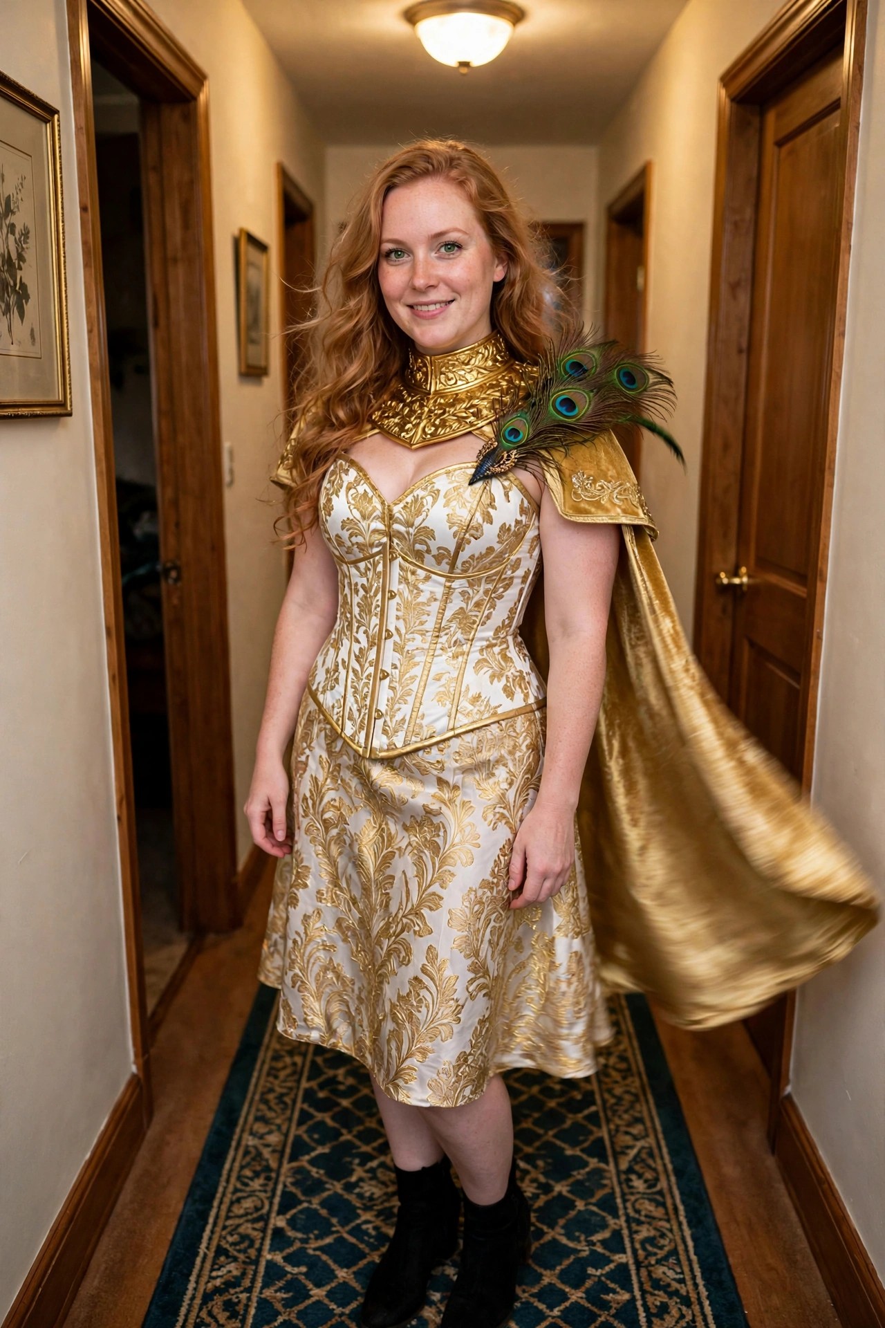Woman wearing a white and gold patterned corset dress with an ornate gold collar neckpiece and a flowing gold cape accented by peacock feathers.