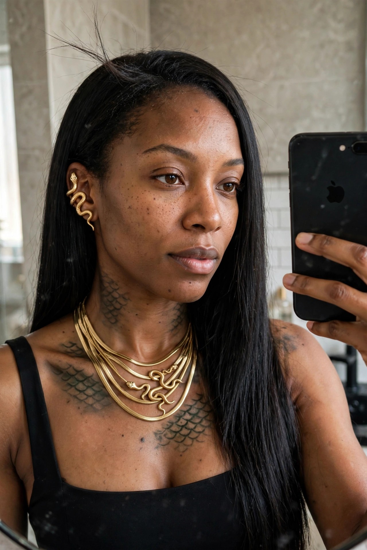 Woman wearing layered gold snake necklaces and a matching ear cuff with scale tattoos on her neck and chest for a Medusa style Greek goddess Halloween costume.