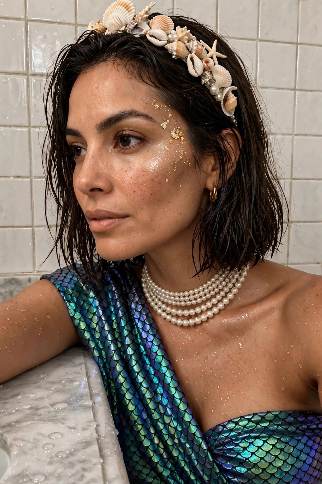 Woman wearing an iridescent blue green scale top with a seashell crown and pearl necklaces in a bathtub setting.