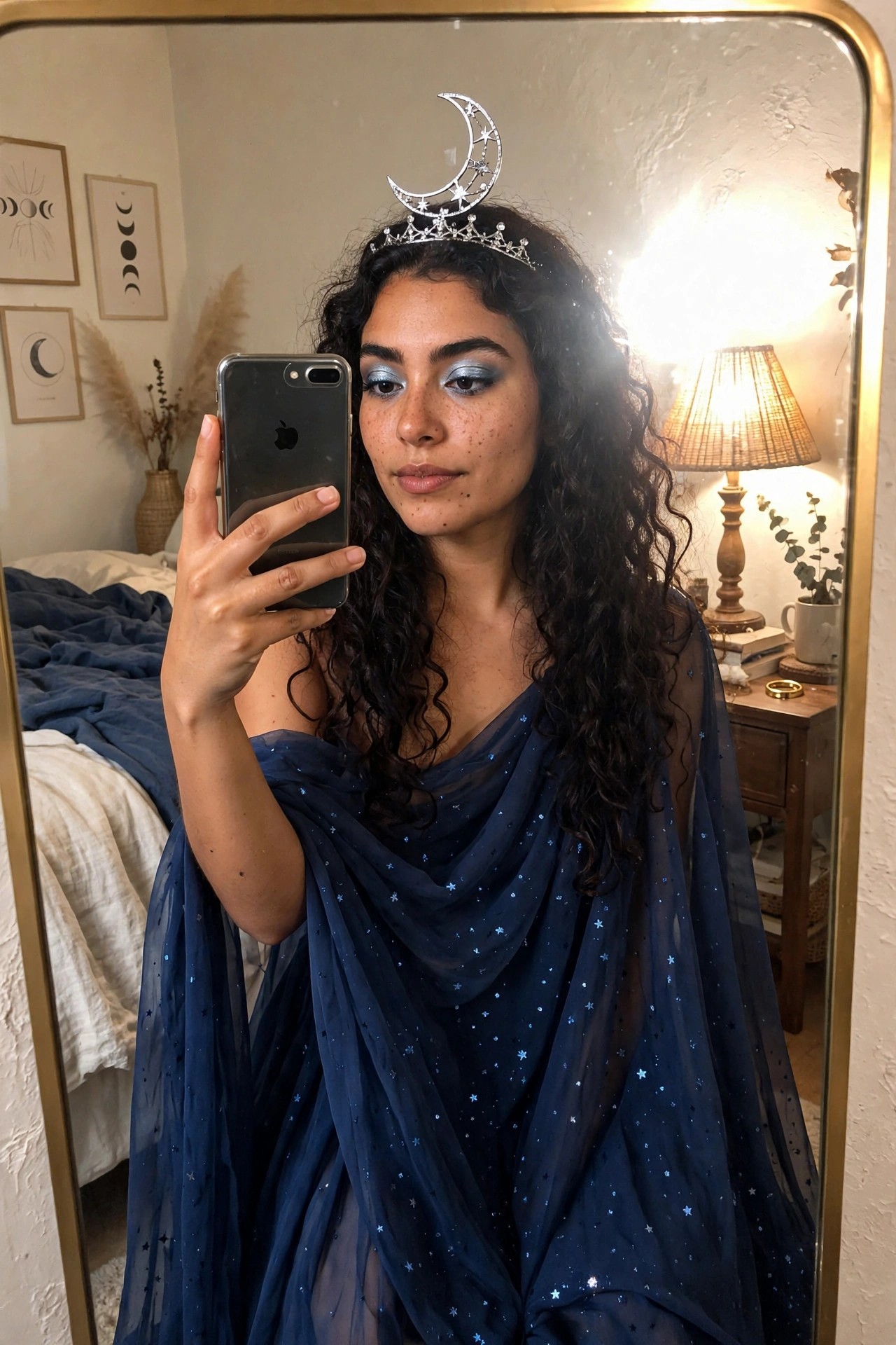 Woman in sheer blue starry fabric draped as a Greek goddess costume with silver crescent moon crown and blue eyeshadow taking a mirror selfie.