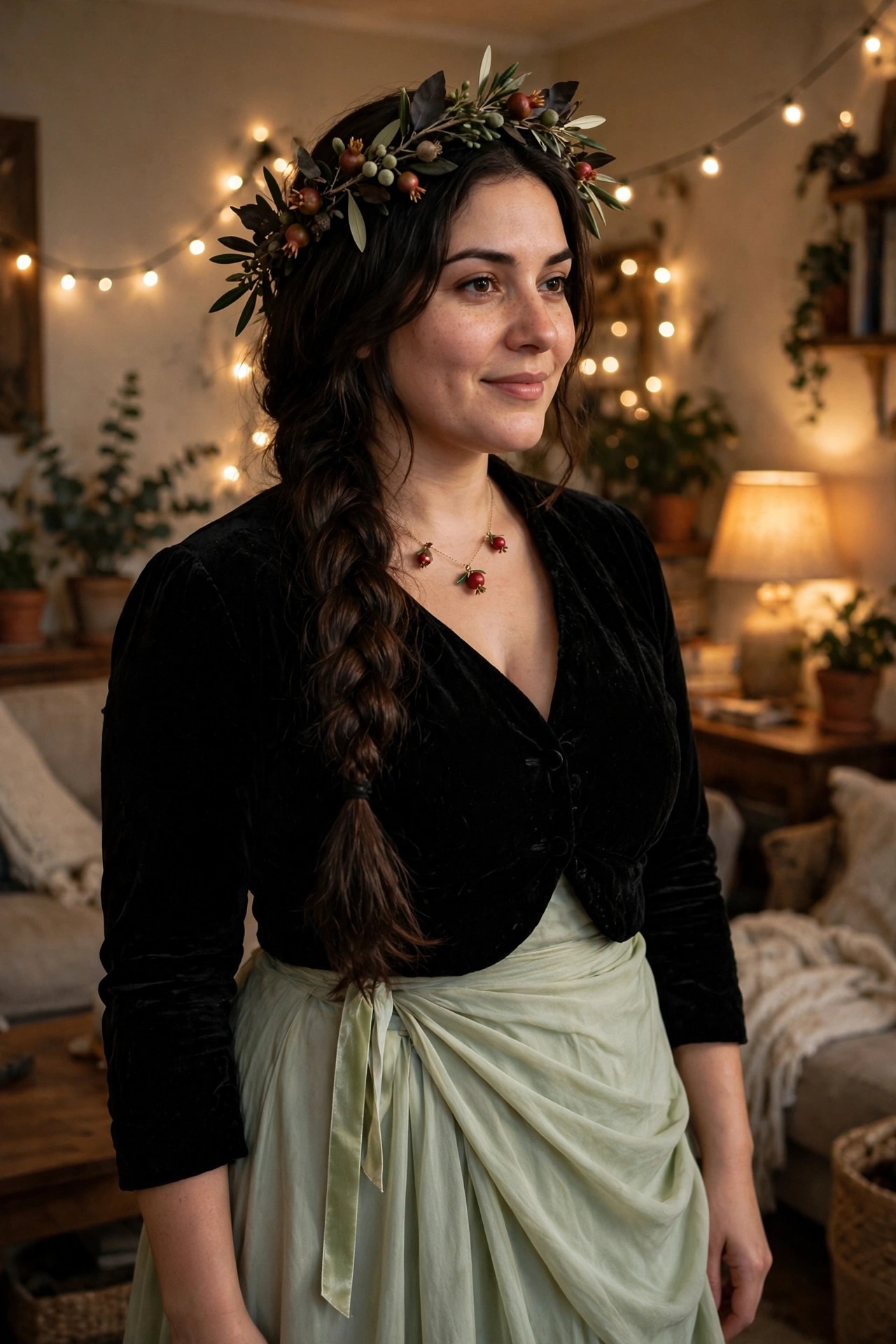 Woman wearing a Greek goddess costume with a fruit and leaf wreath, long braid, black velvet top, sage green draped skirt, and pomegranate necklace.