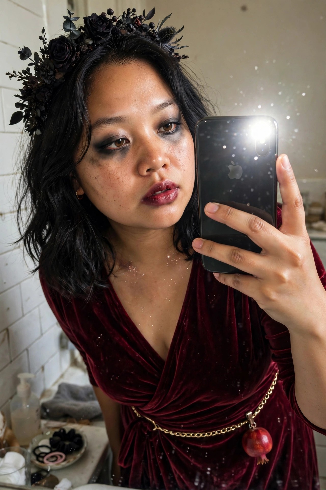 Woman wearing a deep red velvet wrap dress with gold chain belt holding a pomegranate, paired with a dark floral crown of black roses and dried foliage, smoky eye makeup, and glitter on skin.