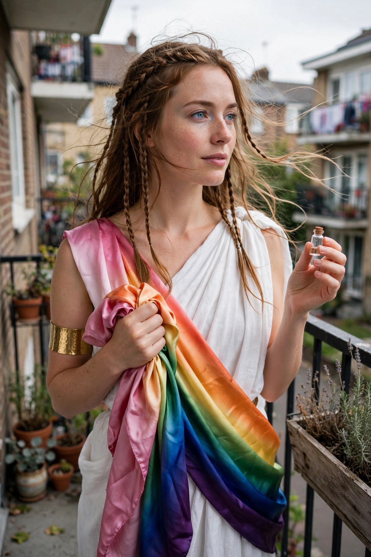 Woman wearing a white draped toga style dress with a long rainbow gradient sash, gold arm cuff, and braided hair while holding a small glass vial.