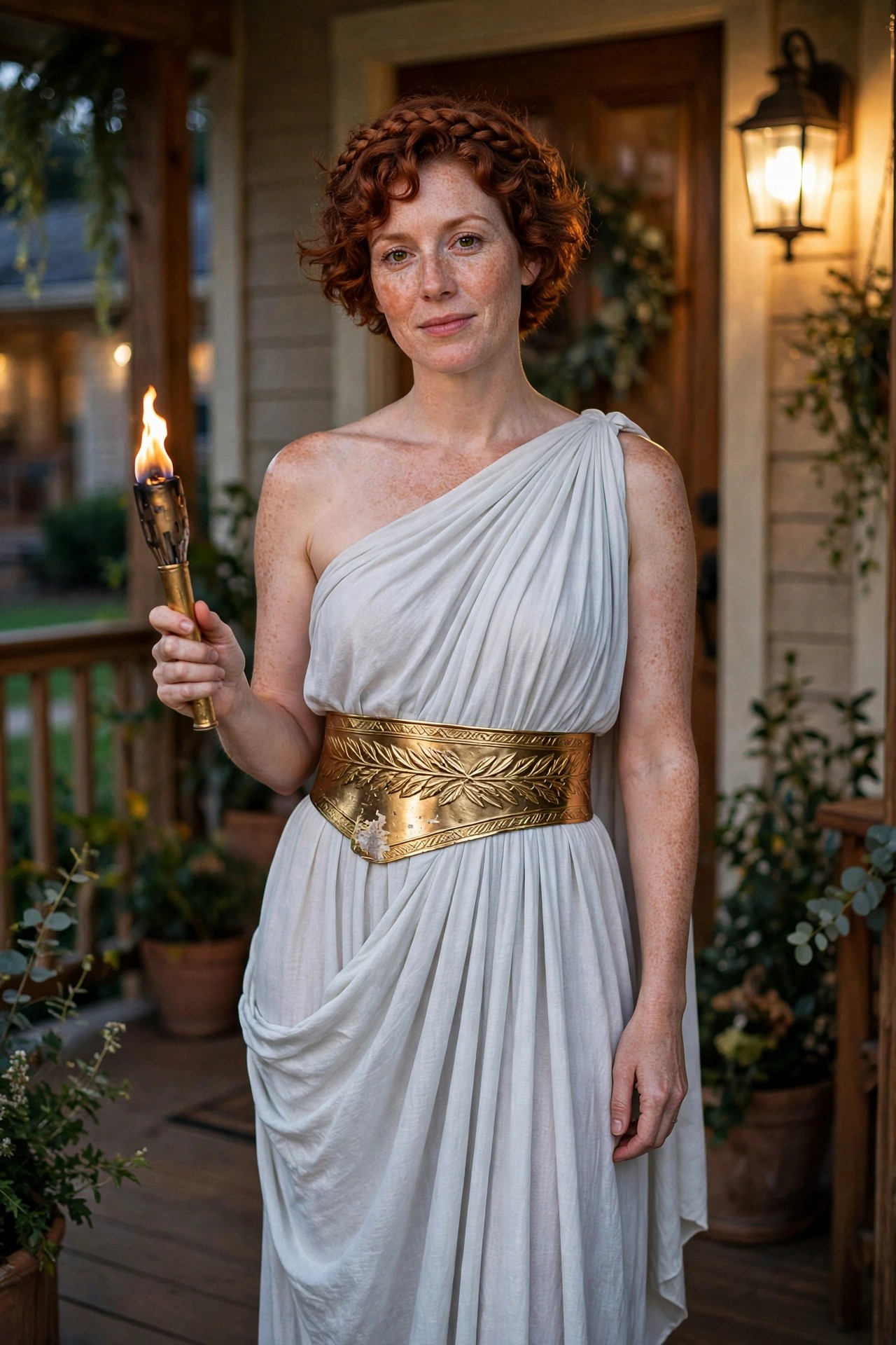 Woman wearing a white one shoulder draped toga dress with a wide gold leaf belt and holding a lit torch for a Greek goddess costume.