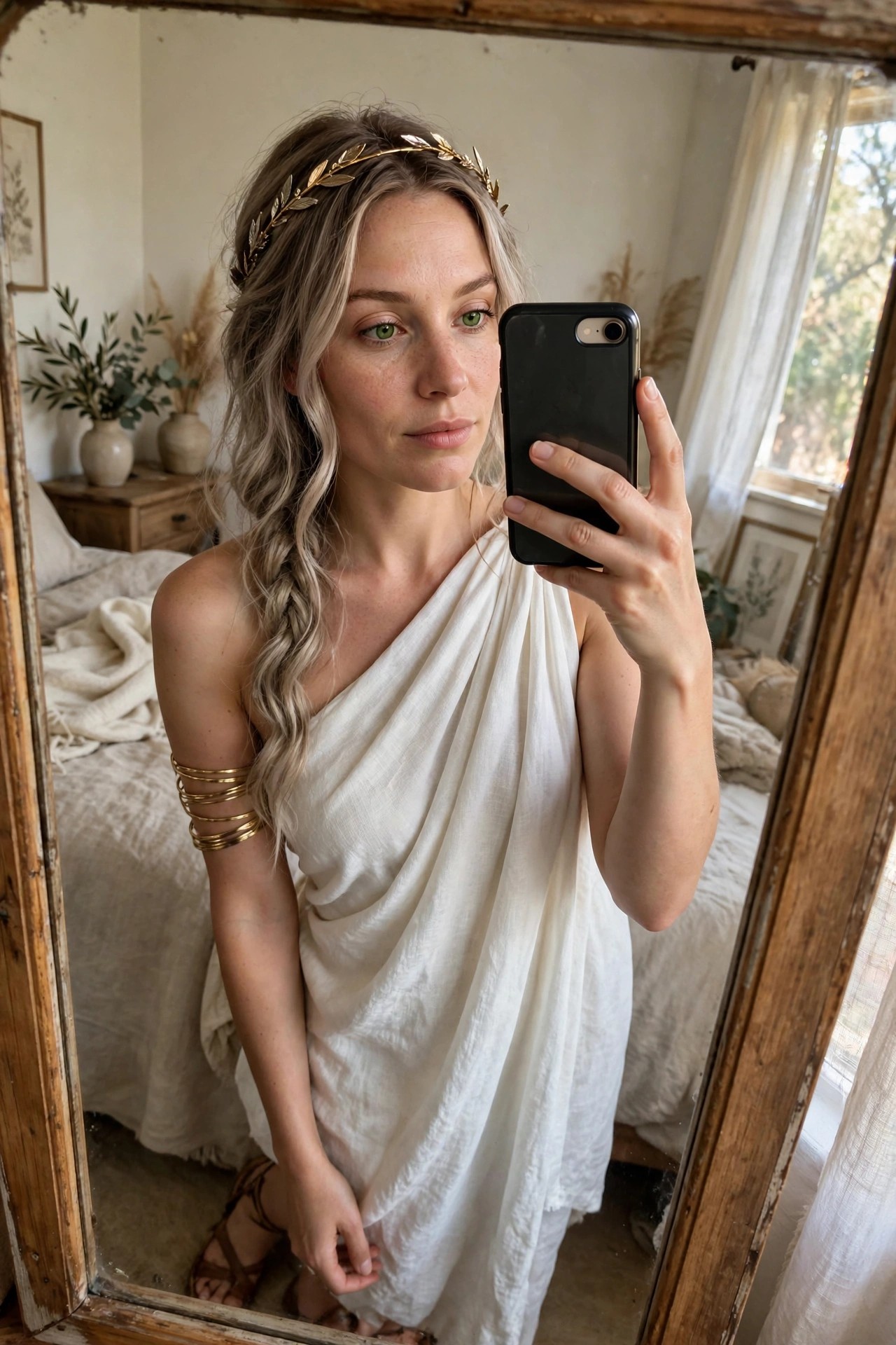 Woman wearing a white one-shoulder draped Greek goddess costume with gold leaf headband and stacked gold arm cuffs.