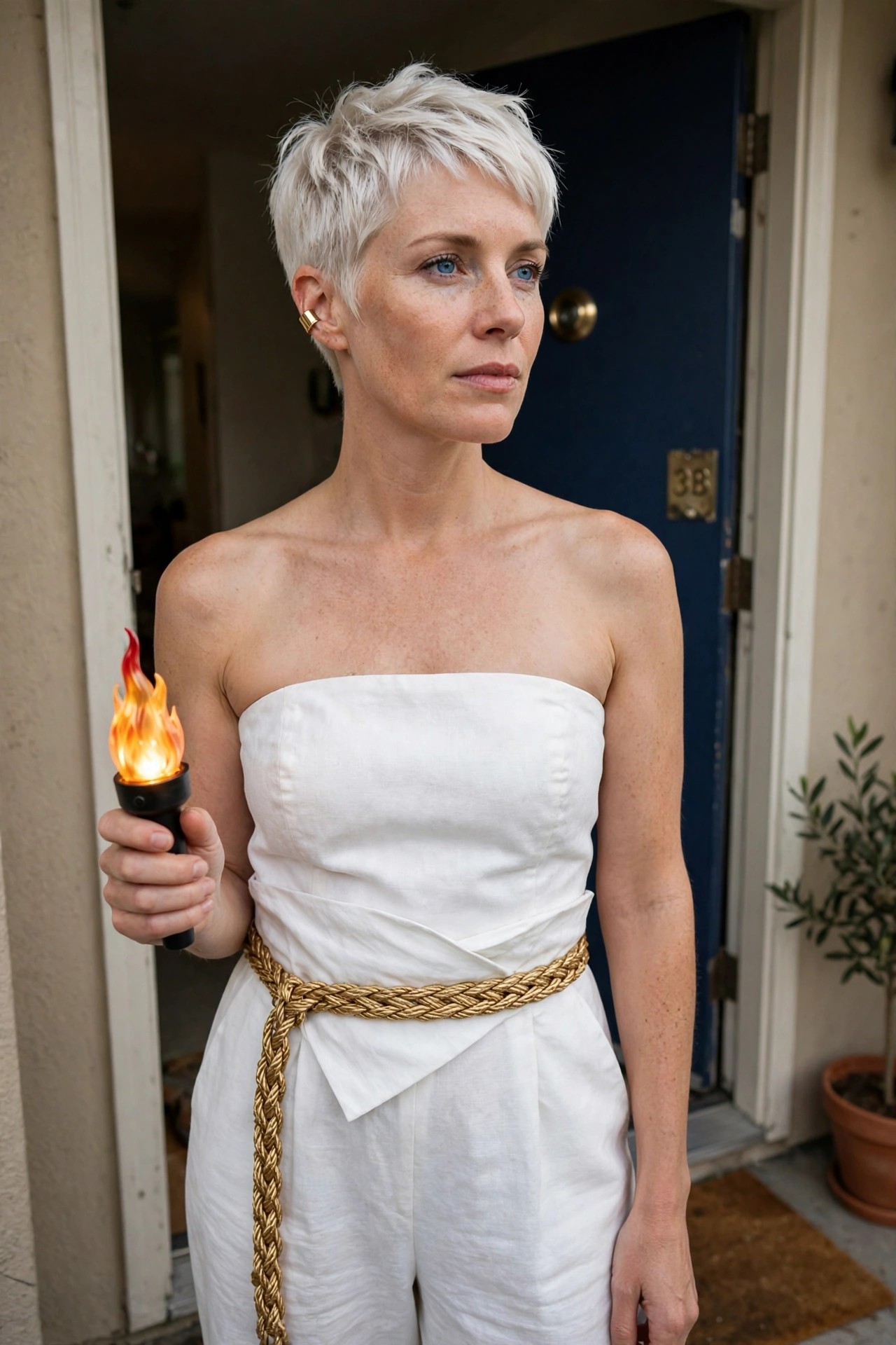 Woman wearing a white draped strapless toga style costume with gold braided belt and holding a lit torch prop.
