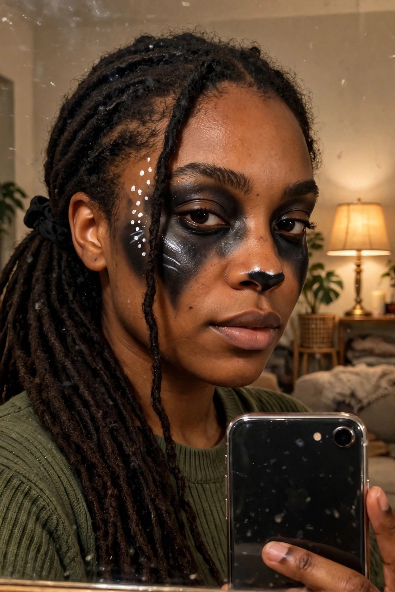 Close up of black cat face paint with heavy black shading around the eyes, solid black nose, whisker lines, and a row of white dots along the temple.