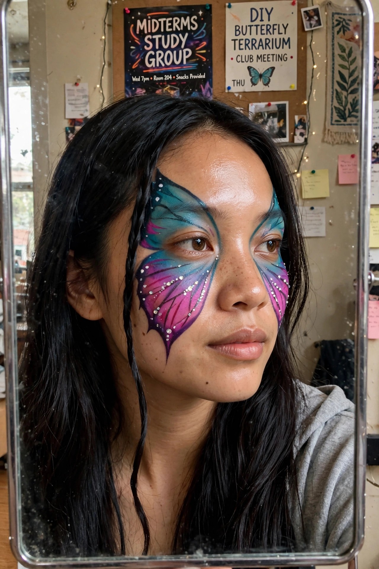 Close-up of butterfly wing face paint in teal, blue, pink, and purple with rhinestones around both eyes.