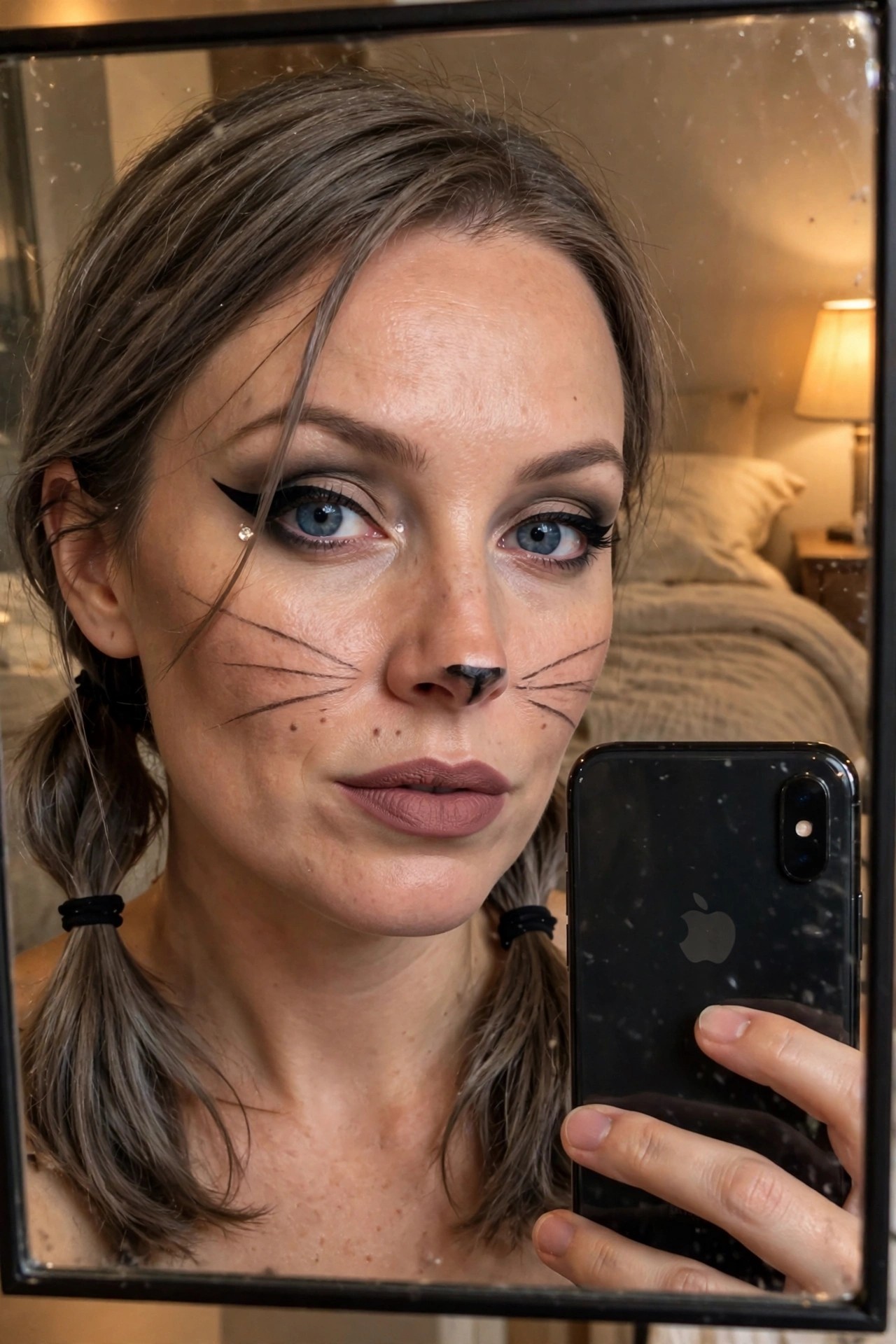 close up mirror selfie of woman wearing cat makeup with black nose whiskers and winged eyeliner while holding a phone