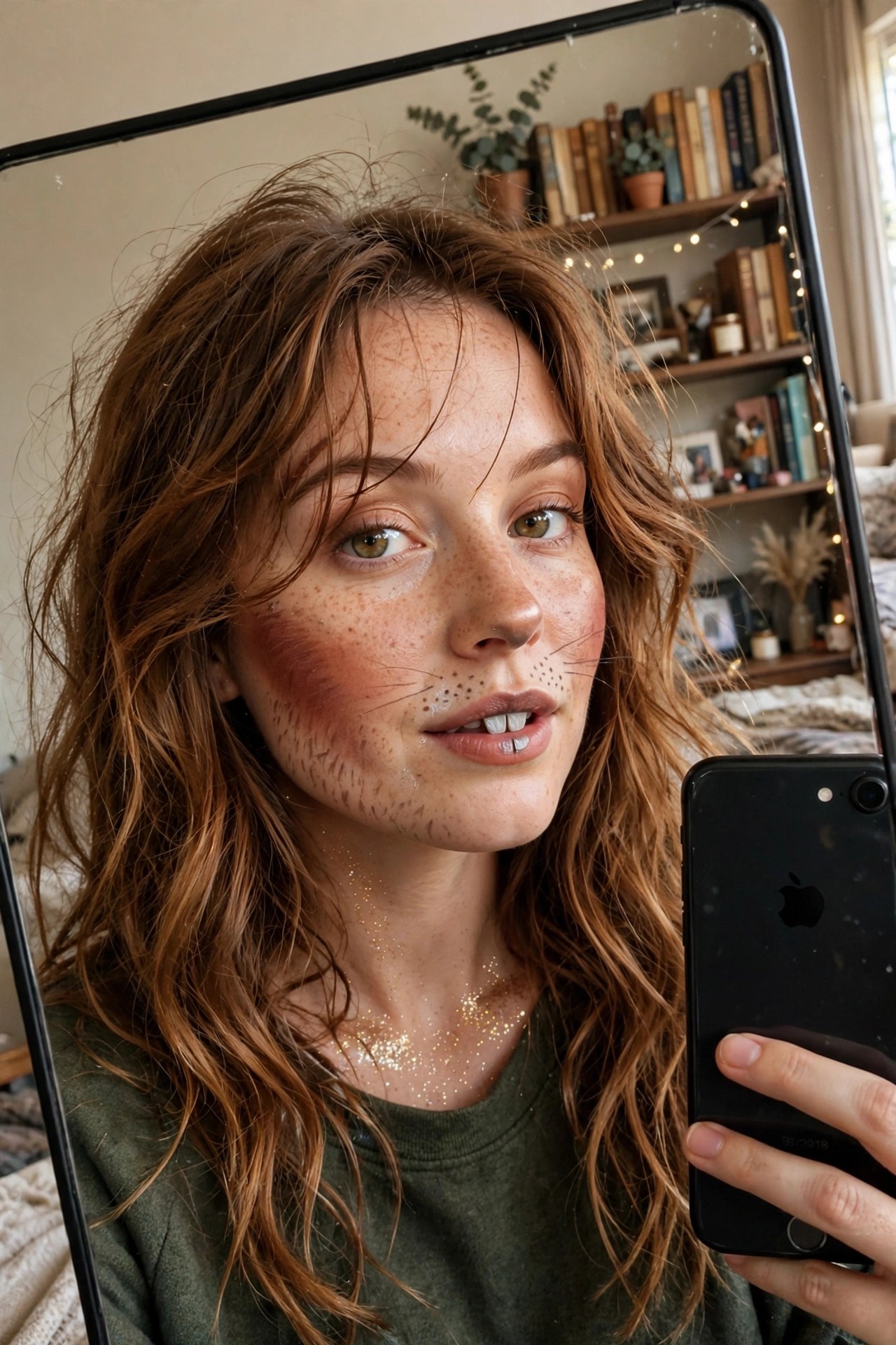 Close up of cat makeup with black dots, whisker lines, reddish cheek paint, and gold glitter accents on the face and neck.