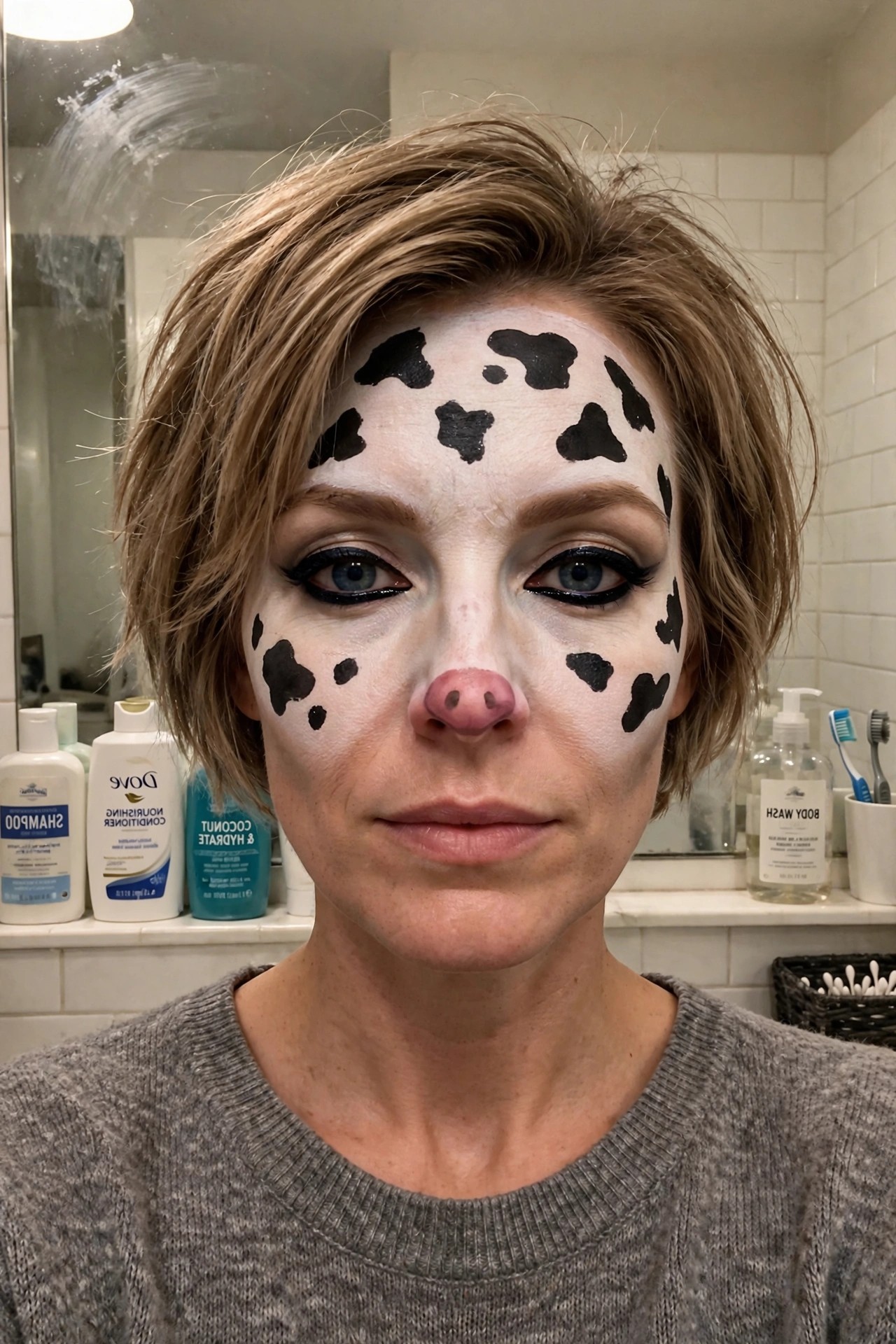 Close-up of a woman wearing white face paint with irregular black cow spots on the forehead and cheeks plus a pink nose with black dots.