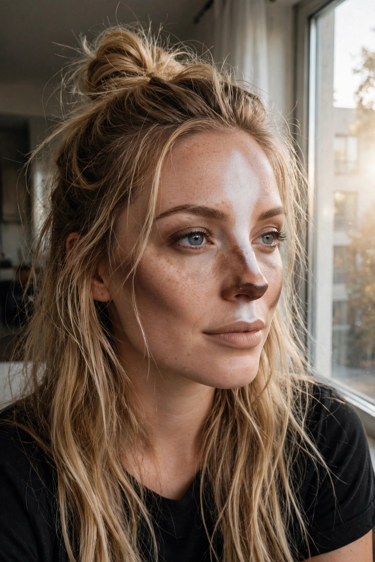 Close-up of woman with white face paint around the eyes and down the nose bridge creating a deer muzzle effect, blonde messy updo, black shirt, natural freckled skin visible.