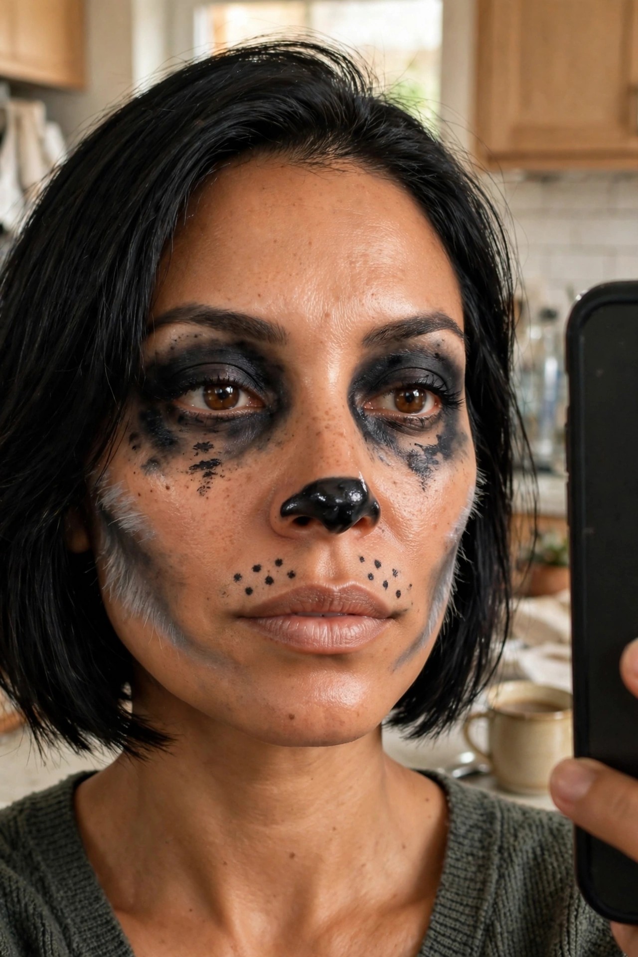 Close-up of woman wearing black dog nose paint, dotted whiskers, and smudged eye makeup with white fur texture on cheeks.