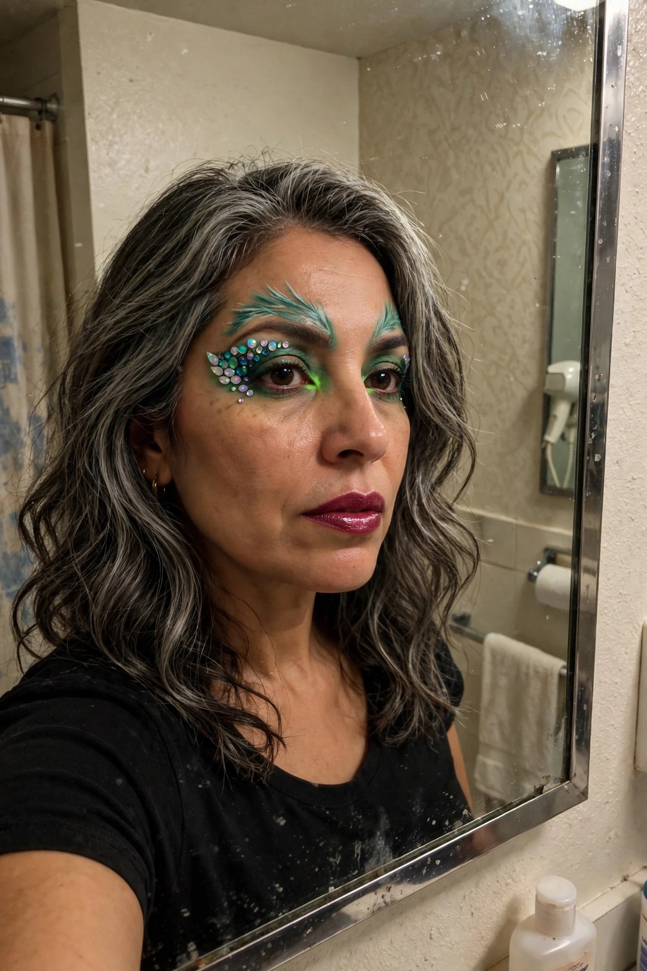 Close up of green and teal peacock feather eye makeup with rhinestones clustered at the outer corners of both eyes.