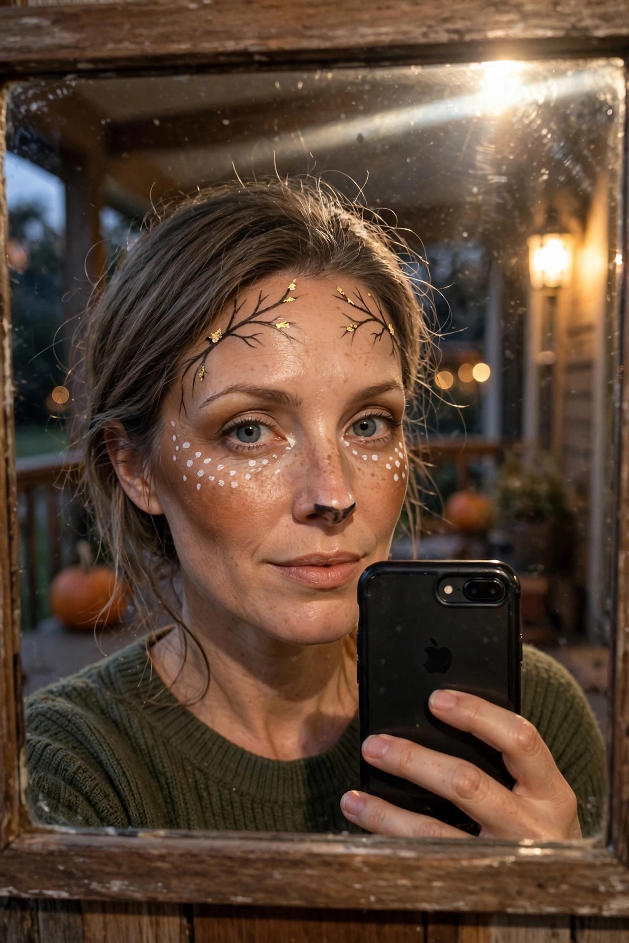 Close up of fawn animal face paint with black nose tip, white dots under eyes, and black branch lines with gold leaves across forehead.