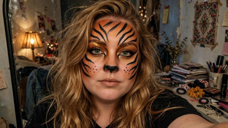 Close up of tiger face paint with black stripes on orange base, black nose and mouth area, and gold shimmer accents.