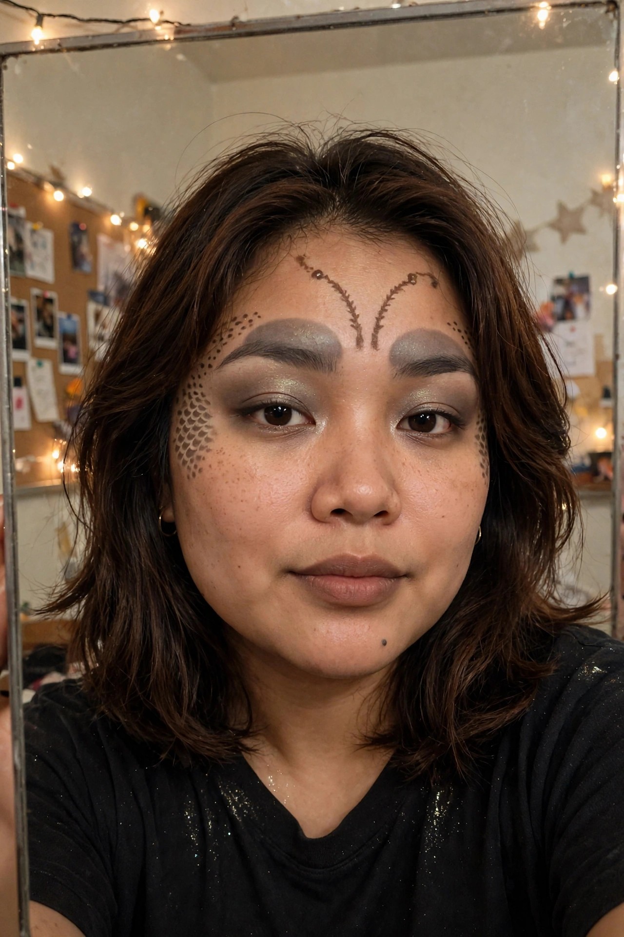 Close up of fish scale face paint with dotted scale patterns around the eyes and a curved scale motif on the forehead.