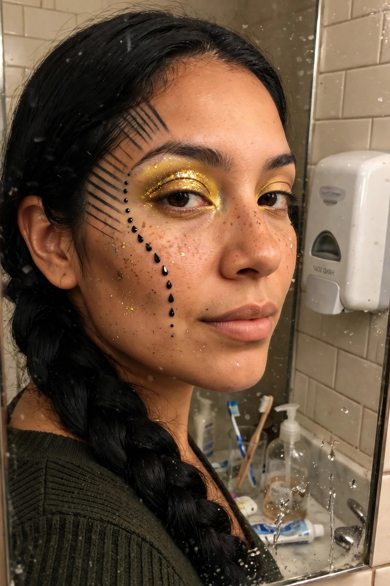 close up of gold glitter eyeshadow with black teardrop shapes and lines painted on the cheek and temple for animal inspired Halloween makeup