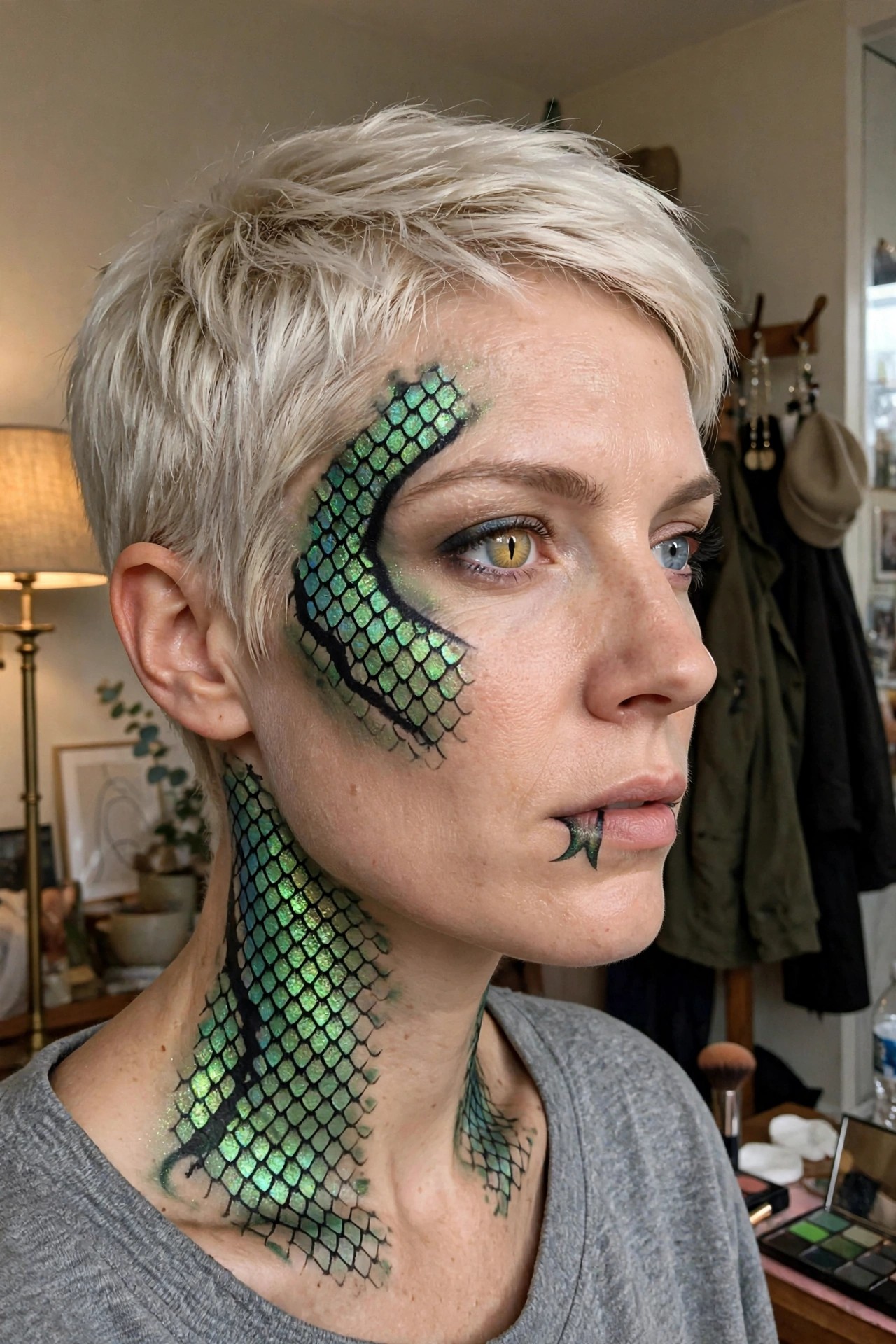Close up of green iridescent scale face paint with black outlines covering the right cheek, temple, and neck, plus a small accent near the mouth and a yellow contact lens in one eye.