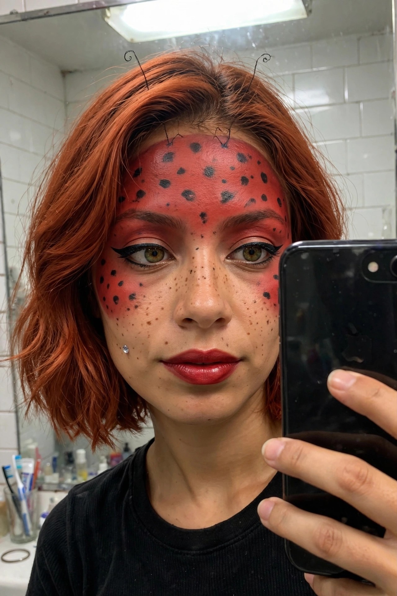 Close up of ladybug makeup with red face paint, scattered black spots across forehead and cheeks, black winged eyeliner, and thin antennae on the hair.