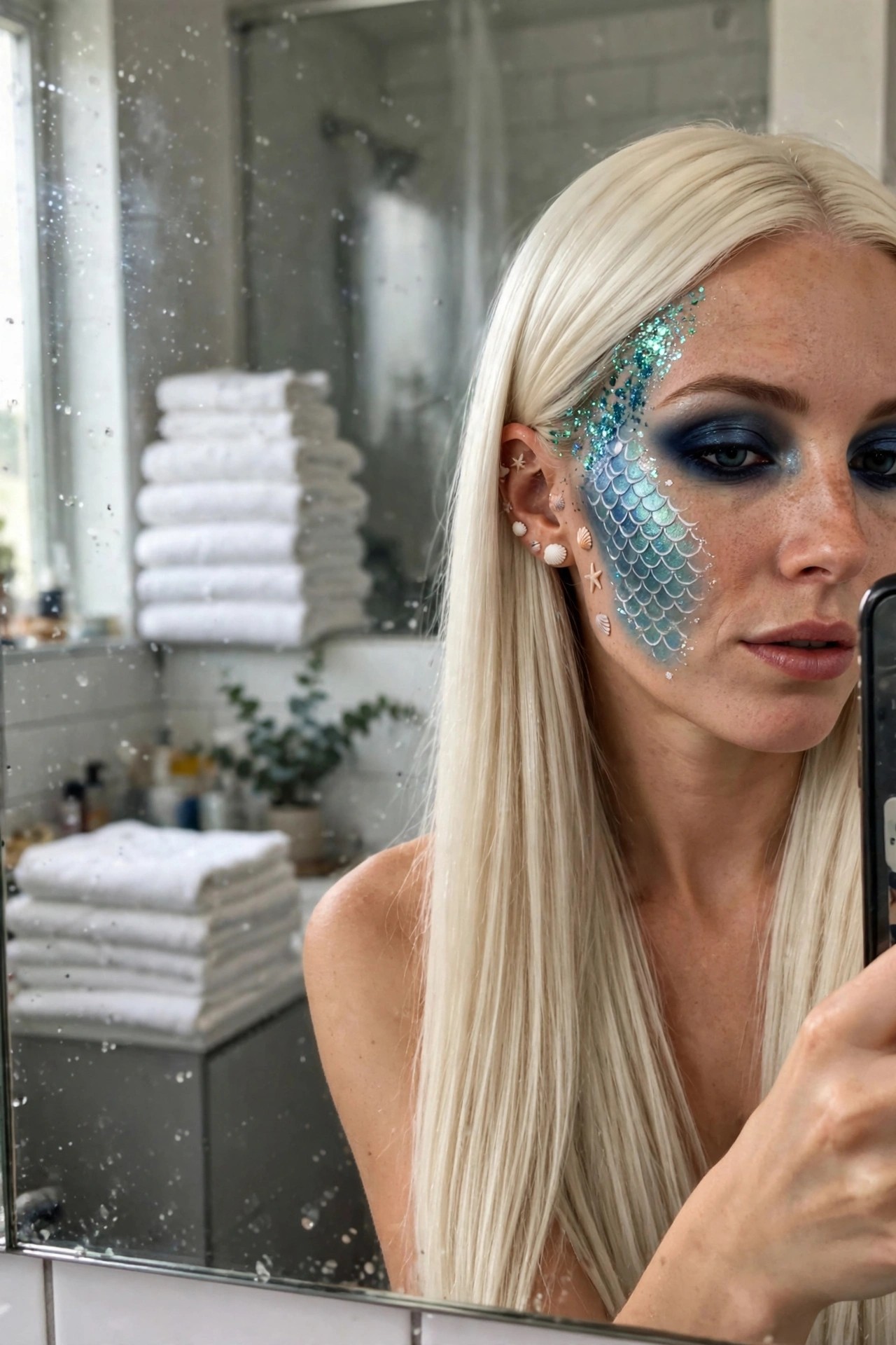 Close-up of mermaid scale makeup with blue and teal overlapping scales on the cheek, dark navy eyeshadow, scattered glitter, and small shell and star accents near the ear.