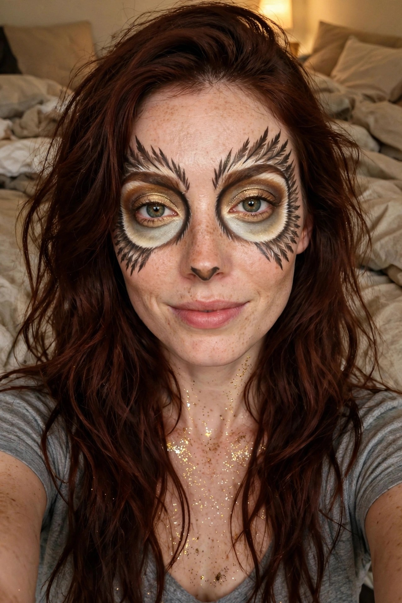 Close-up of owl eye makeup with feathered brow extensions, circular brown and gold eye designs, and fine black feather details around the eyes.