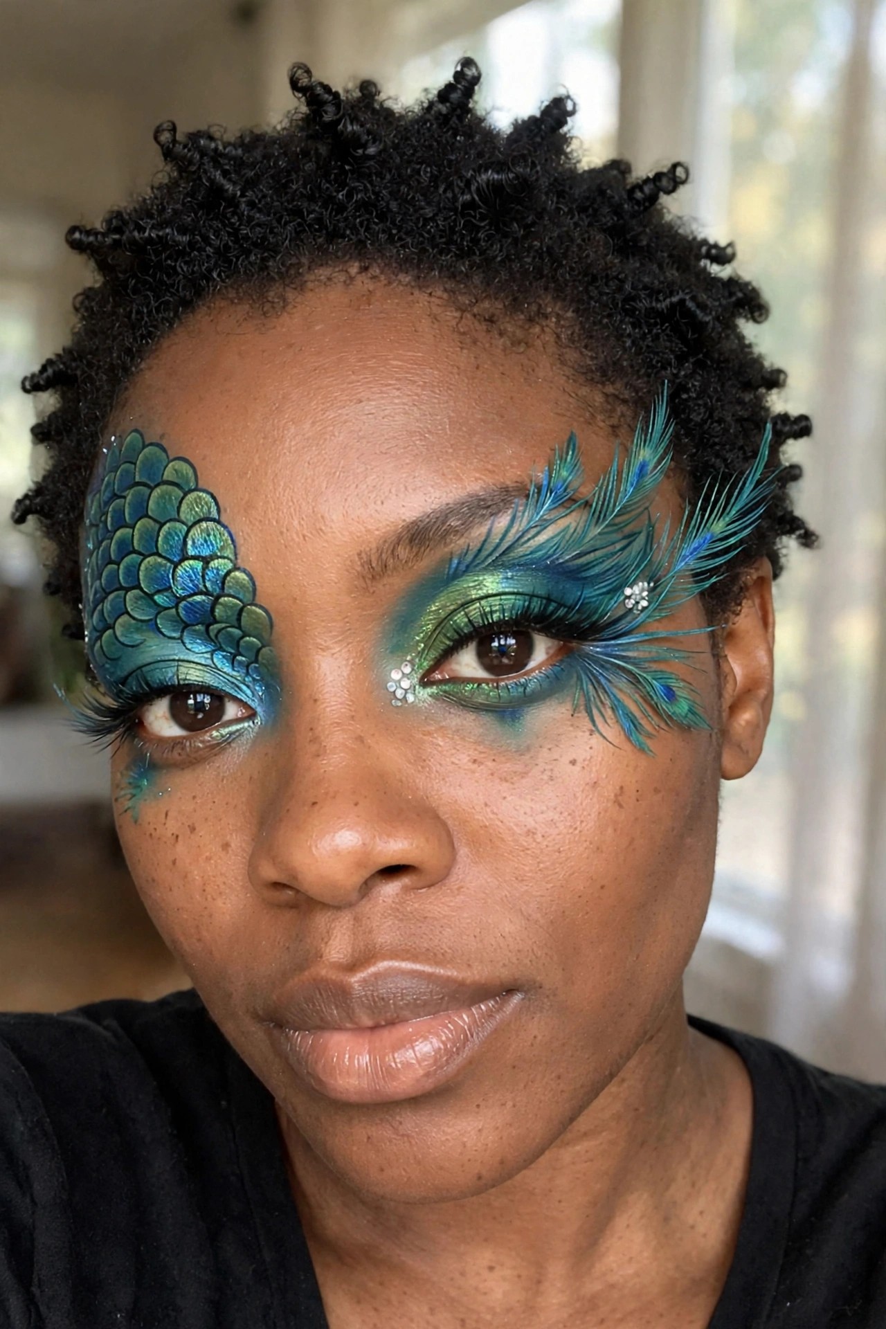 Close up of peacock scale and feather makeup with teal blue scales on one side of the face and feather lashes on the other eye.