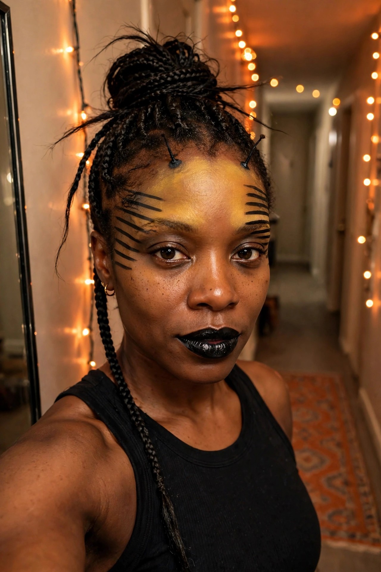 Close up of porcupine inspired Halloween makeup with yellow face paint, black radiating stripes, glossy black lips, and quill accents at the hairline.