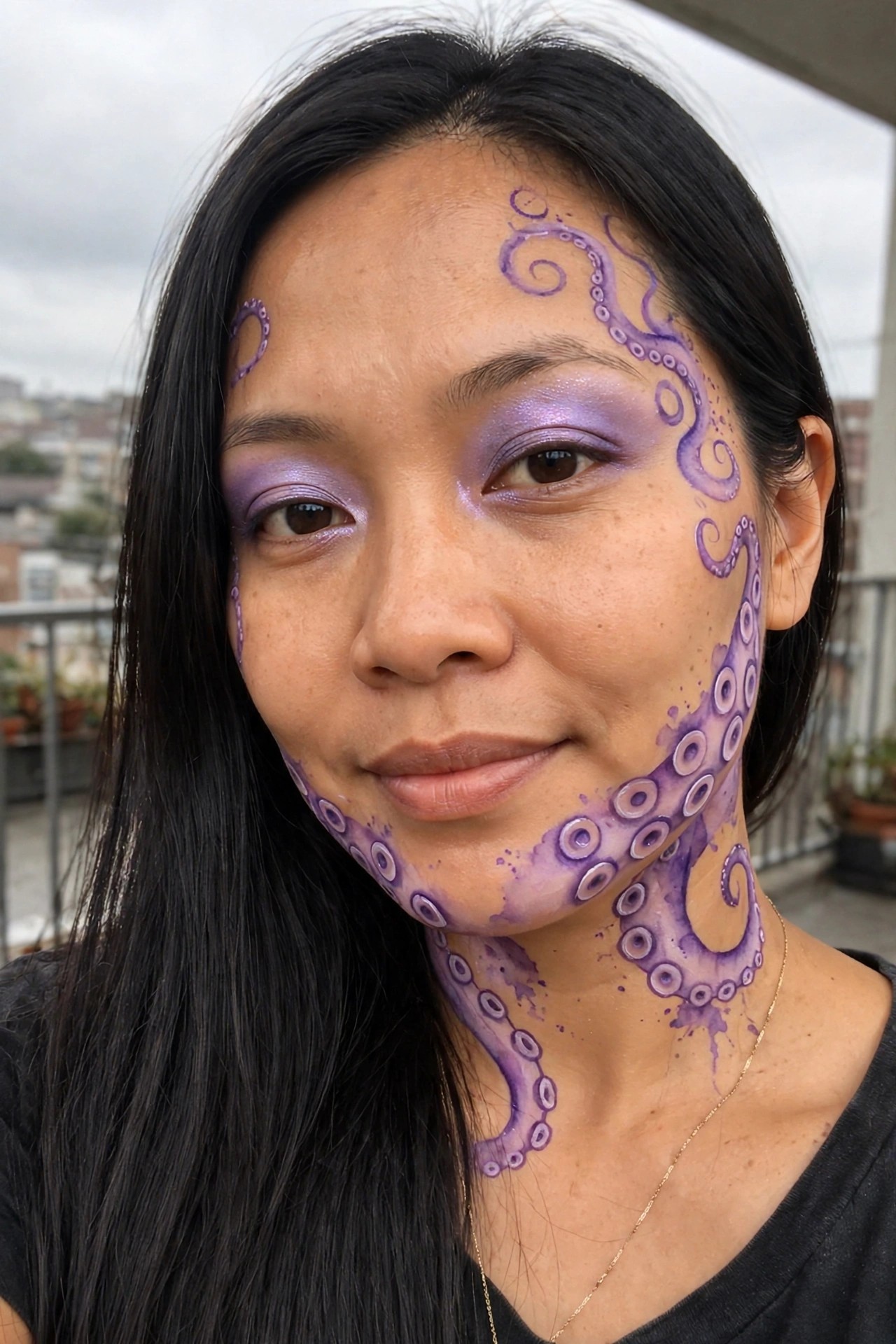 Close up of purple octopus tentacle face paint wrapping around the cheek jaw and neck with white suckers and matching purple eye makeup.