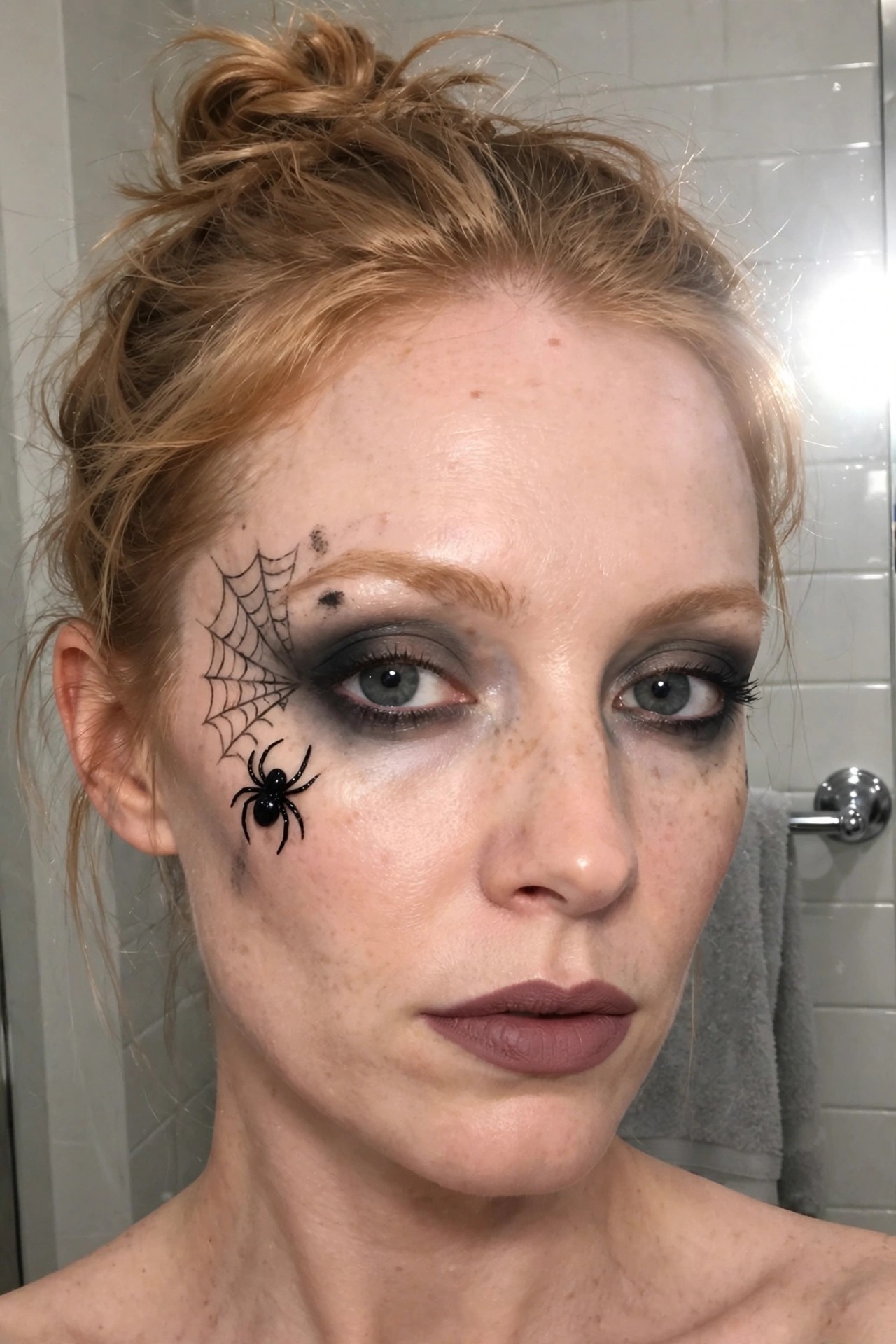 Close up of spiderweb line work around the left eye with a small black spider detail on the cheek and dark smoky eyeshadow.