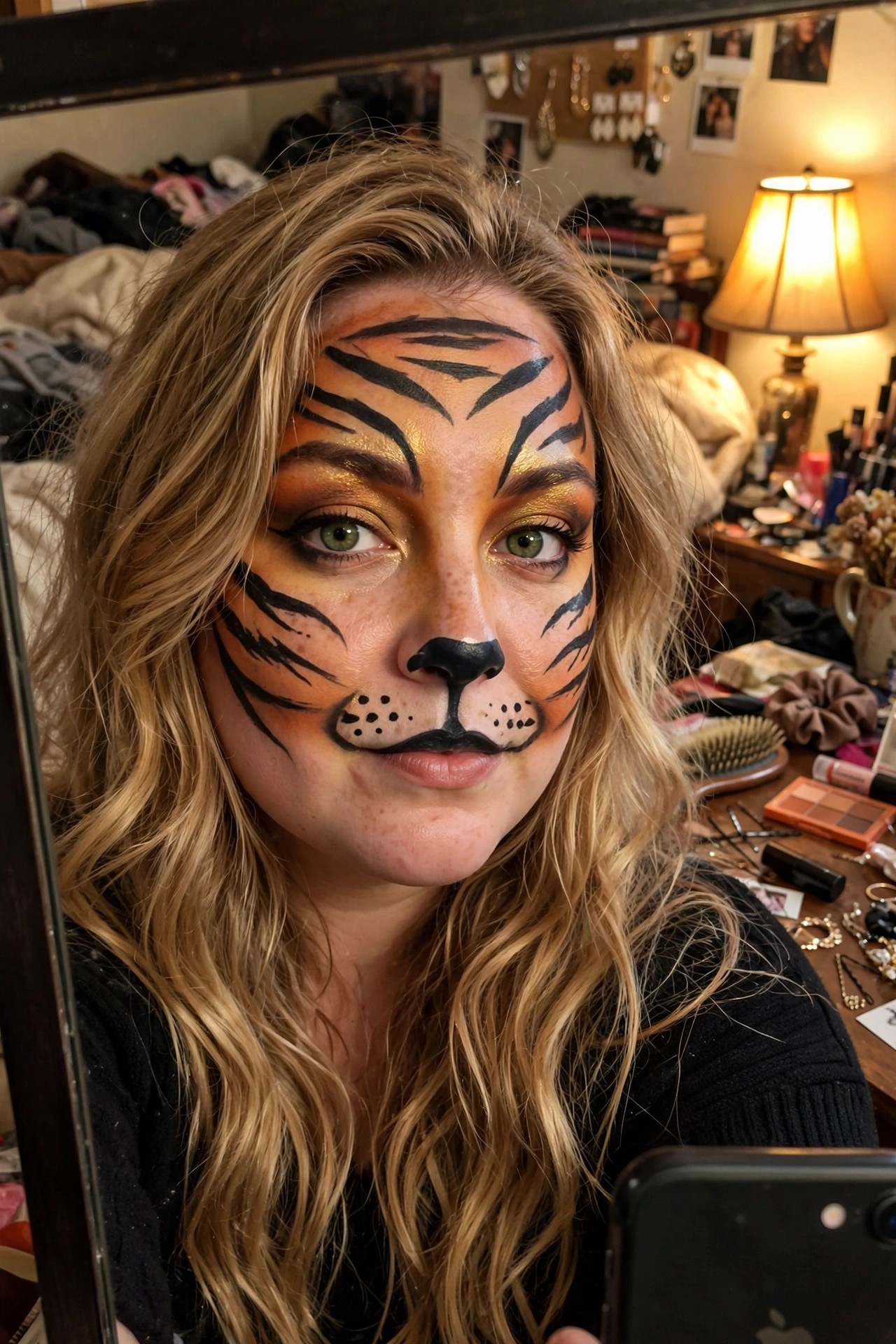 Close up of tiger face paint with black stripes on orange base, black nose and mouth area, and gold shimmer accents.