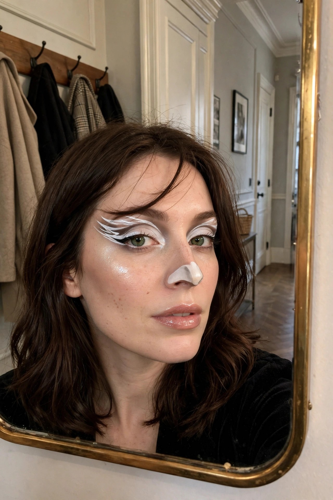 Close up of white feathered wing eyeliner on both eyes with a white painted nose tip.
