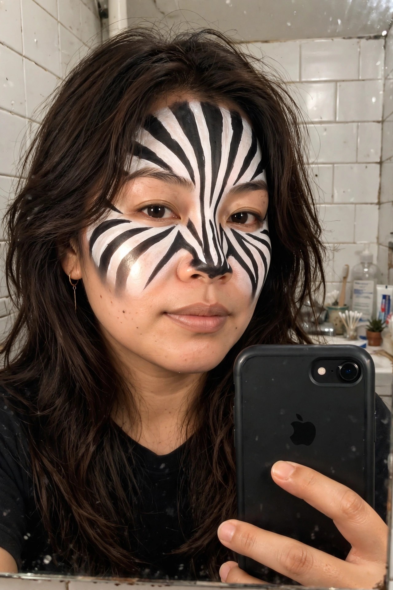 Close up of a woman wearing black and white zebra stripe face paint with a painted black nose.