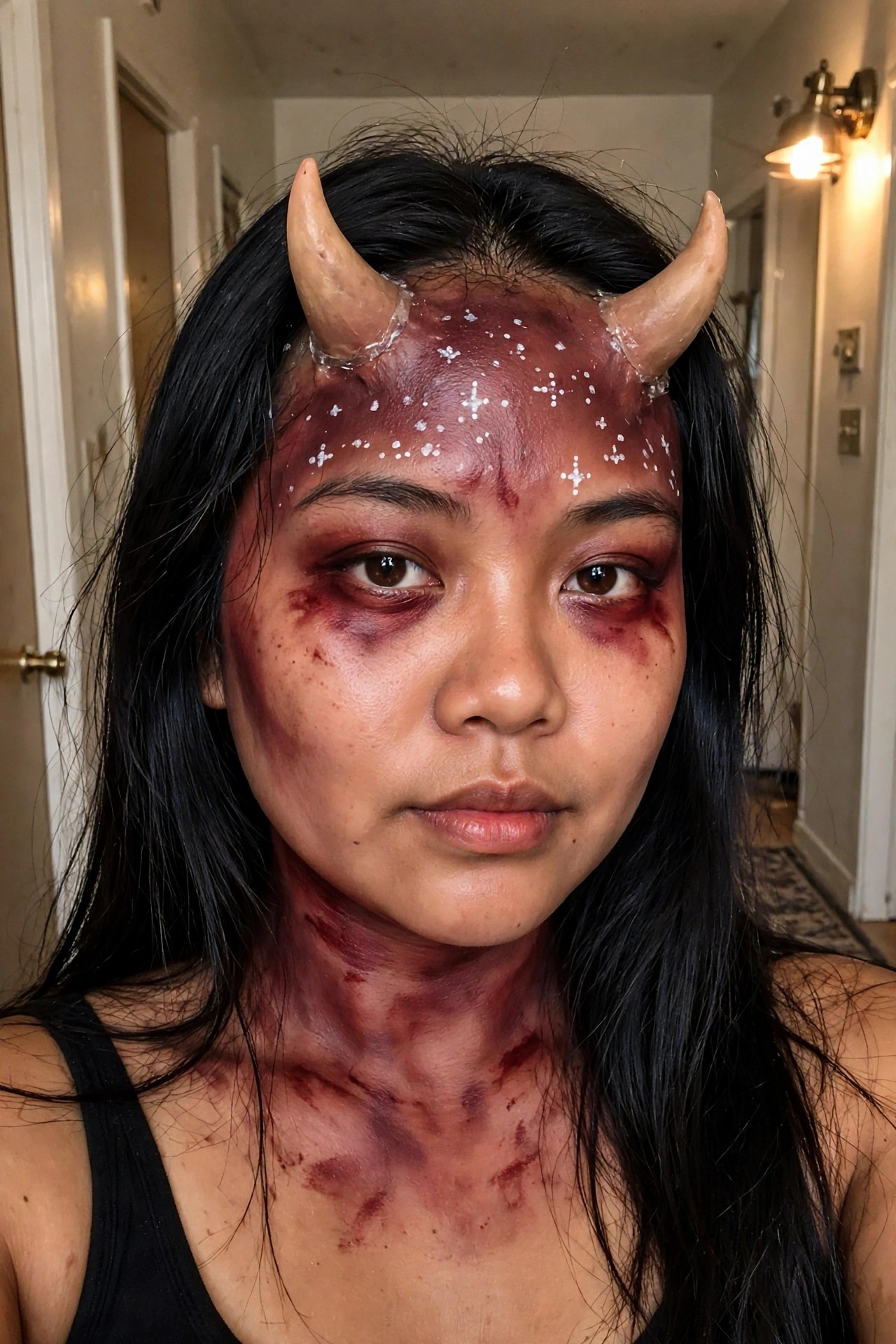 Close up of devil horn makeup with red face paint, white star details across the forehead, and bruised eye makeup.