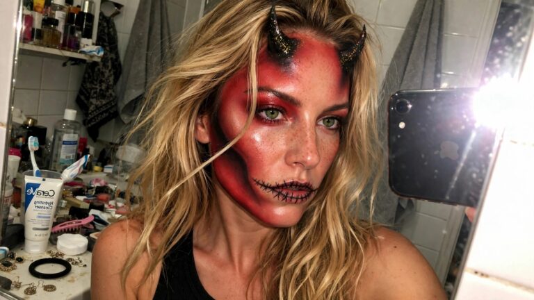 Close up of a woman wearing glossy red devil face paint, black stitched mouth details, black glitter horns, and dark red eyeshadow.