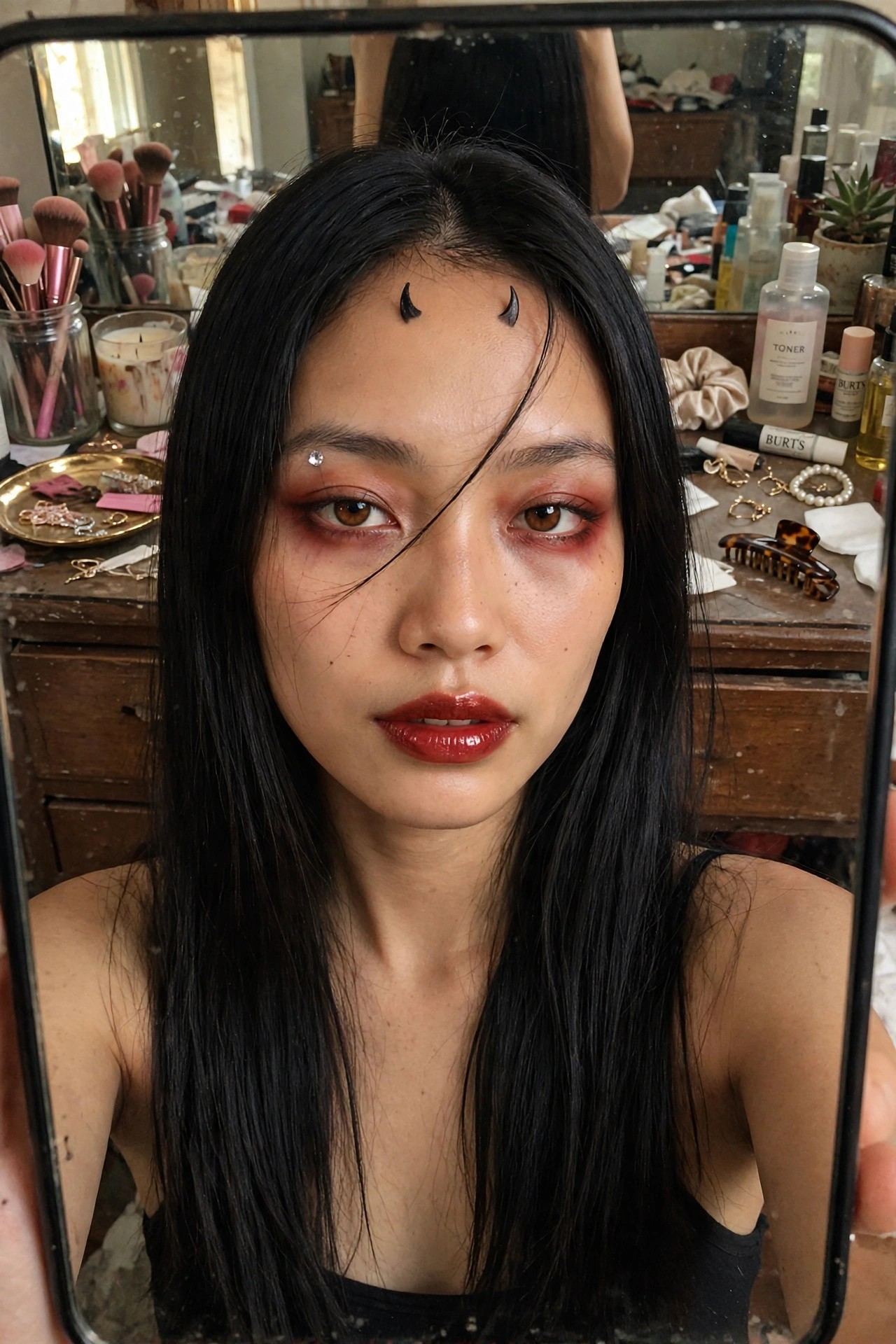 Close up of devil makeup with small black horns on forehead, red smoky eyeshadow, and glossy red lips.