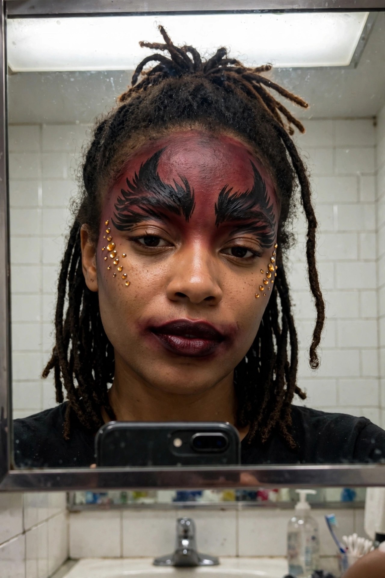 Close up of devil makeup with red face paint, black flame shaped designs around the eyes and forehead, gold gems on the cheeks, and dark lipstick.