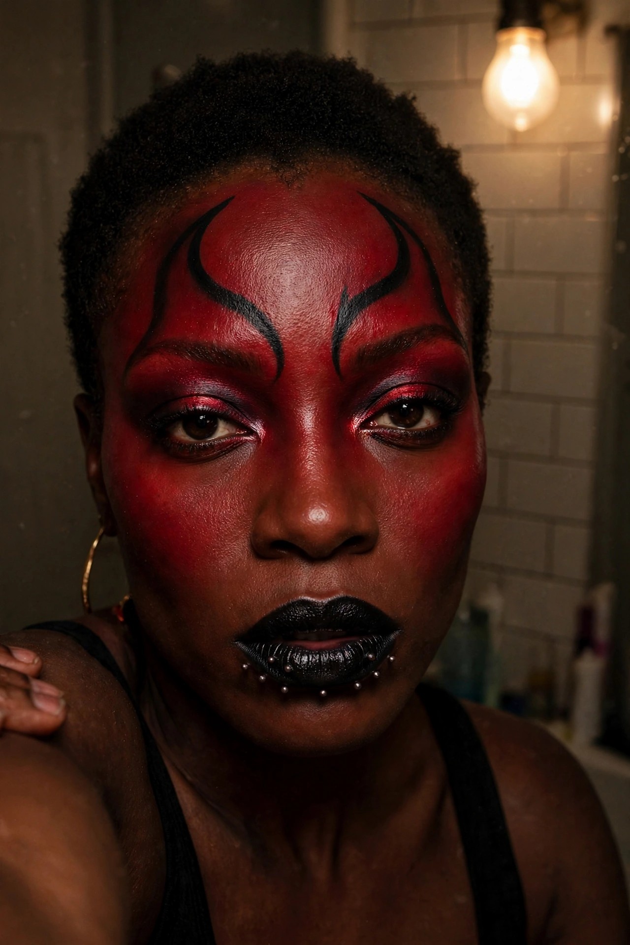 Close up of red face paint with black curved horn shapes on the forehead, red and dark eye makeup, and black lips with silver studs along the lower lip.