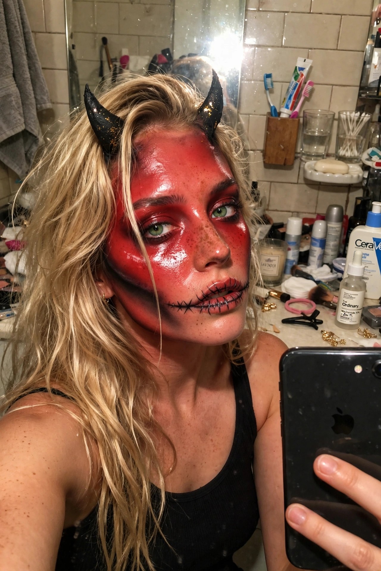 Close up of a woman wearing glossy red devil face paint, black stitched mouth details, black glitter horns, and dark red eyeshadow.