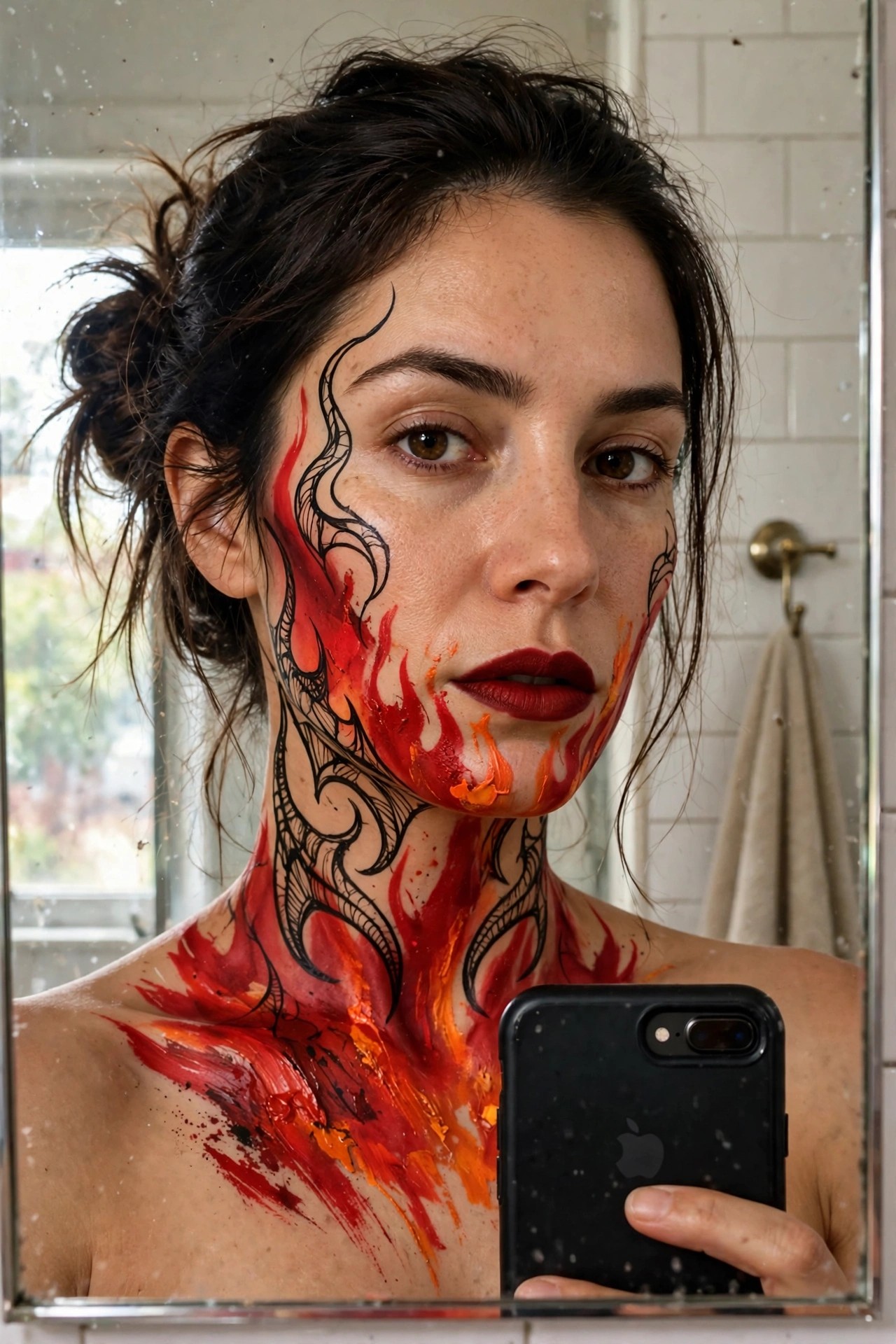 Close up of a woman with red and orange flame face paint mixed with black tribal line designs covering her cheek, jaw, neck, and chest, finished with dark red lipstick.