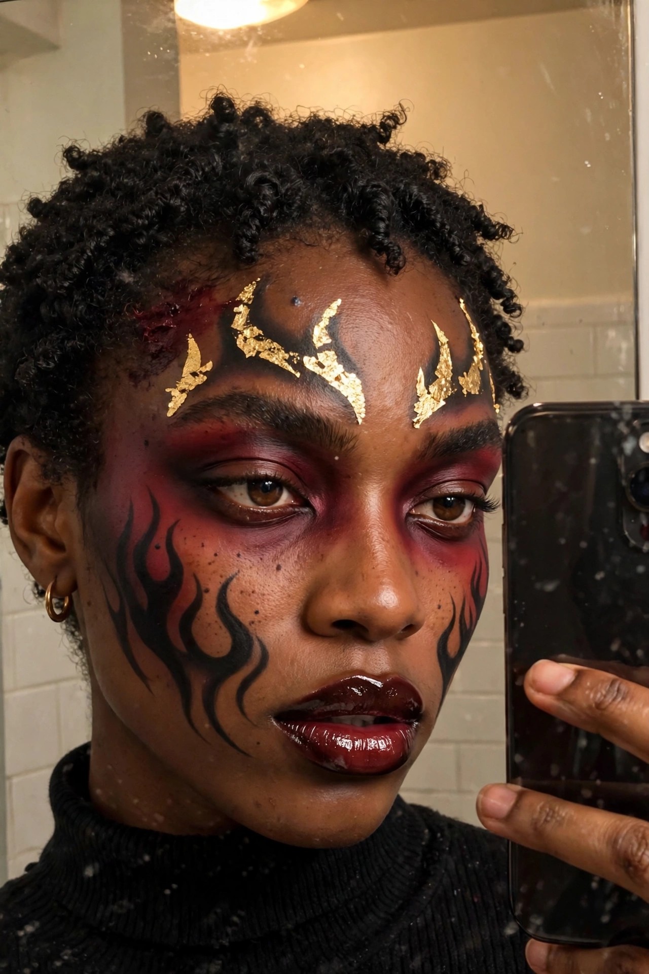Close up of red and black flame face paint with gold foil accents on the forehead and dark glossy lips.