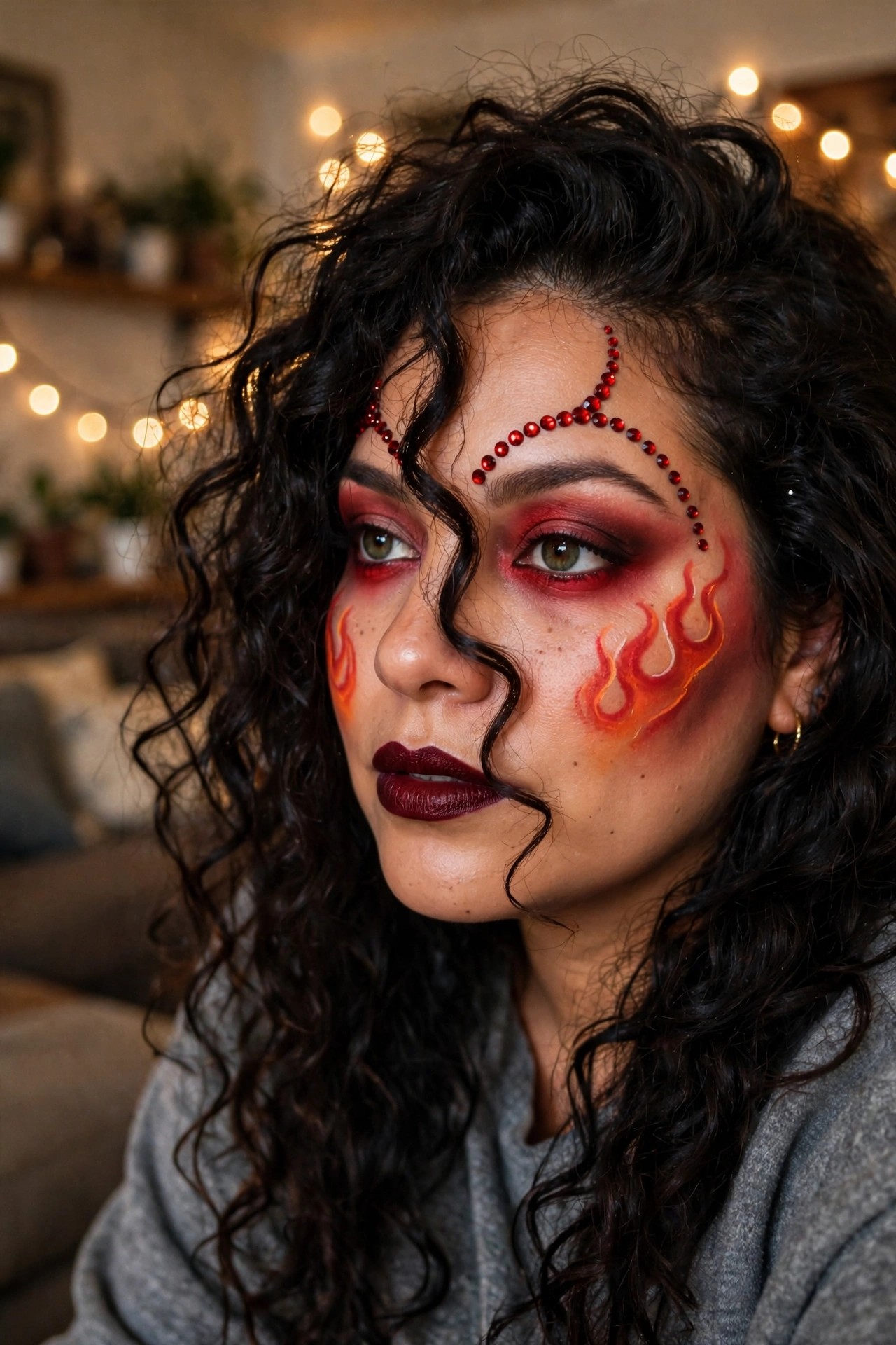 Close up of devil makeup with red rhinestone horns across the forehead, orange and red flame designs on the cheeks, smoky red eyeshadow, and dark berry lipstick.